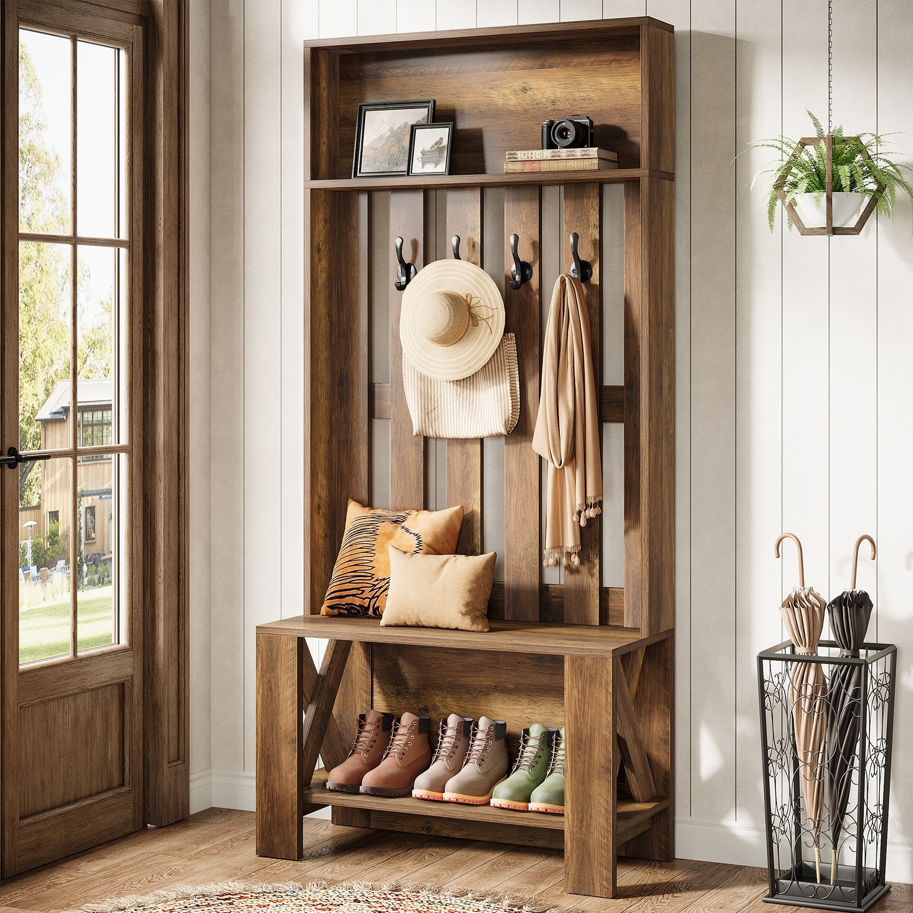 70.8" Freestanding Hall Tree, Coat Rack with Shoe Bench and Hooks