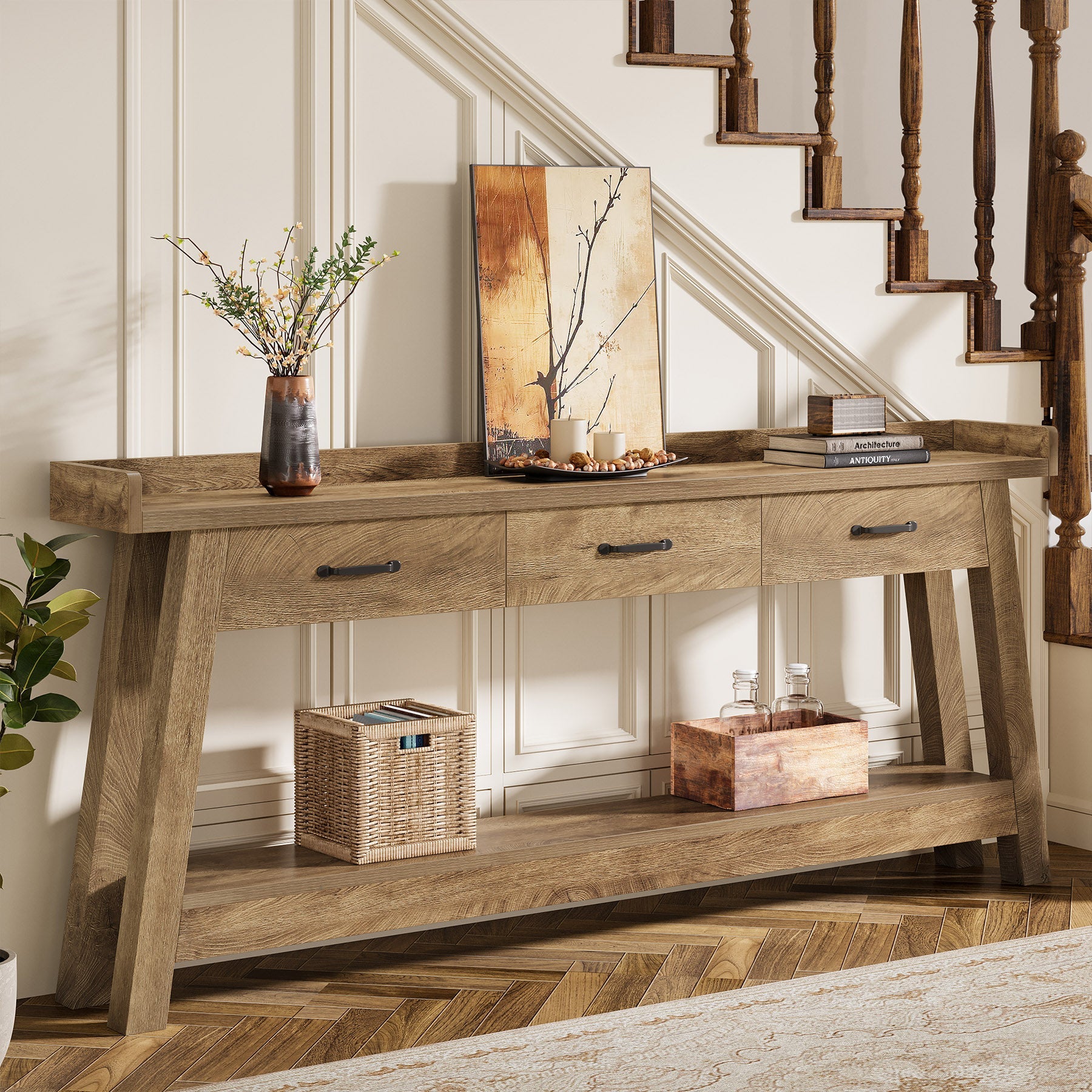 70.9" Console Table, 2-Tier Long Sofa Entryway Table with 3 Drawers and Raised Baffle