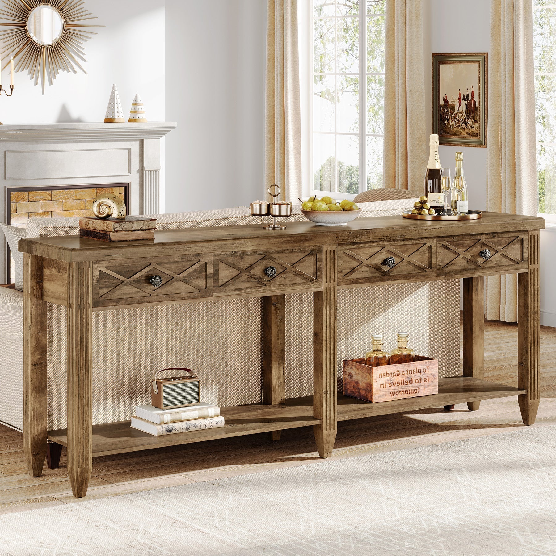 70.8" Console Table, 4 - Drawer Farmhouse Sofa Tables with Bottom Storage Tribesigns