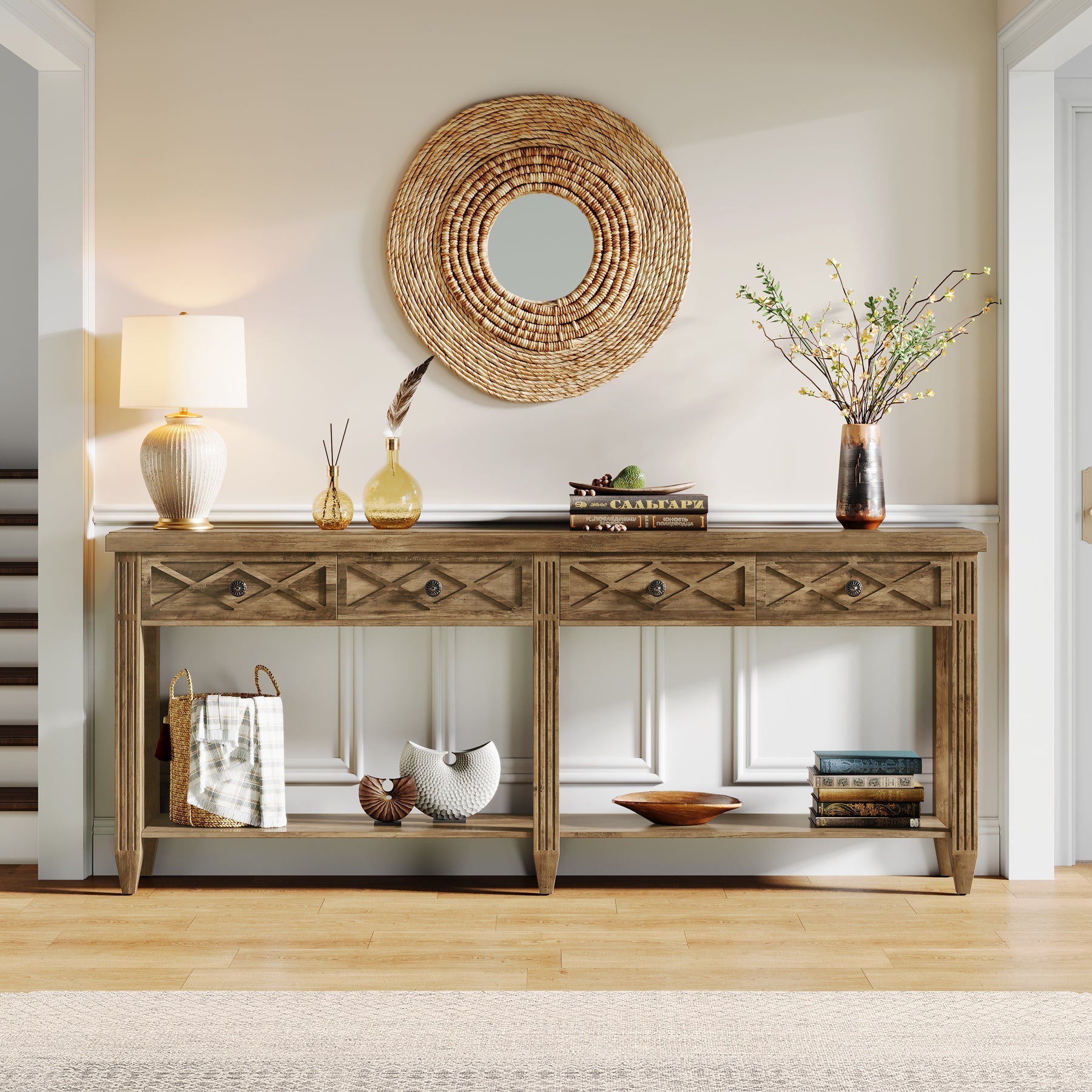 70.8" Console Table, 4 - Drawer Farmhouse Sofa Tables with Bottom Storage Tribesigns