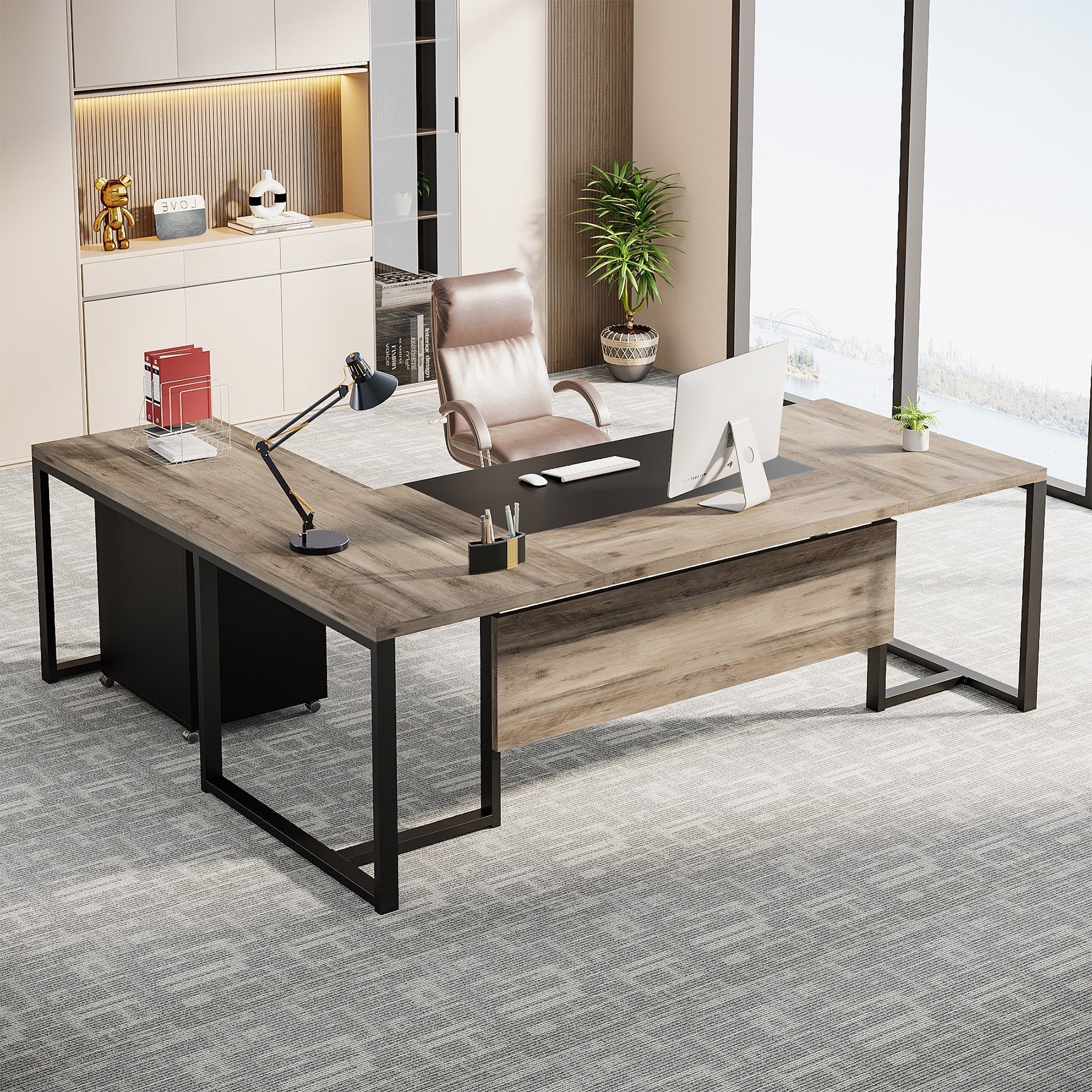 70.8" L - Shaped Desk, Large Executive Desk with Mobile File Cabinet Tribesigns