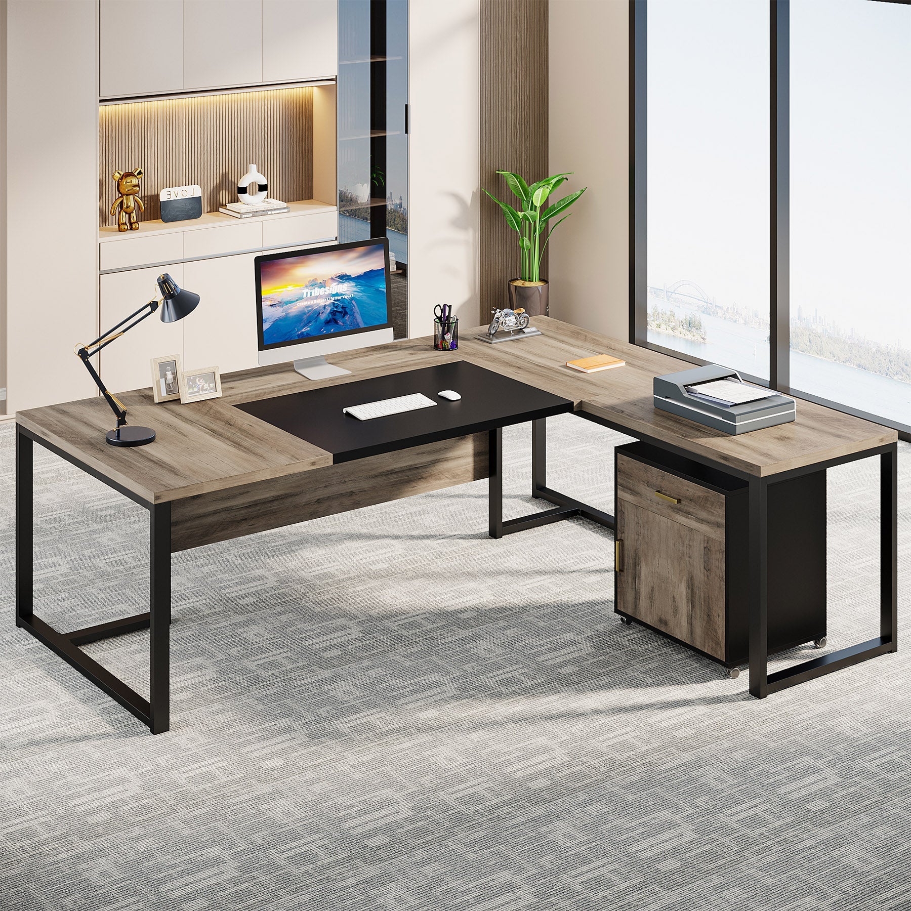 70.8" L - Shaped Desk, Large Executive Desk with Mobile File Cabinet Tribesigns