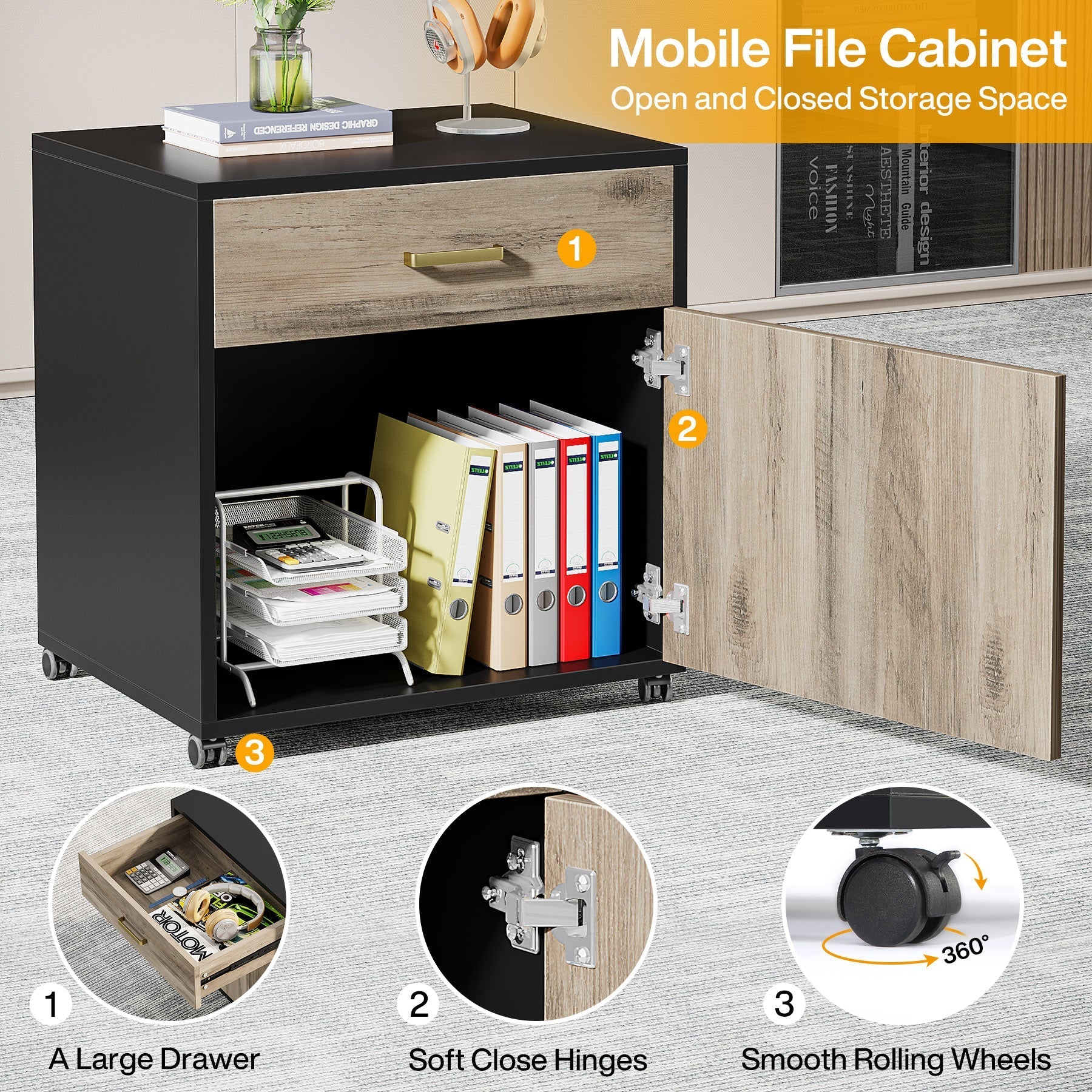 70.8" L - Shaped Desk, Large Executive Desk with Mobile File Cabinet Tribesigns