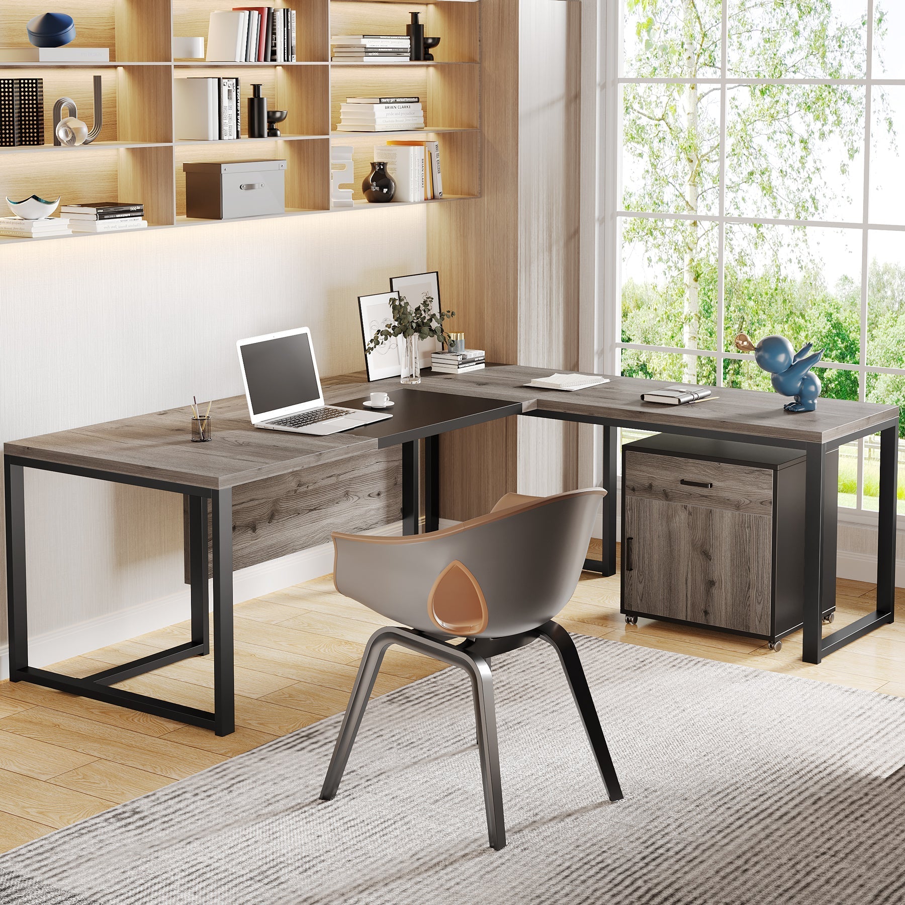 70.8” L-Shaped Desk, Large Executive Desk with Mobile File Cabinet Tribesigns