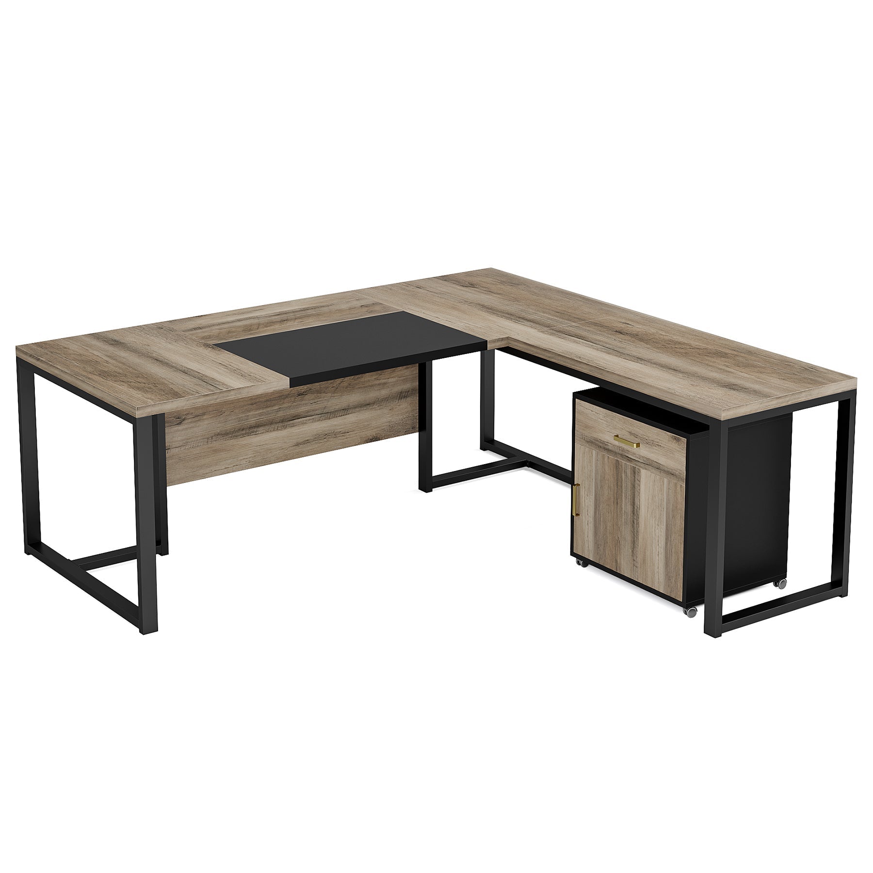 70.8" L - Shaped Desk, Large Executive Desk with Mobile File Cabinet Tribesigns