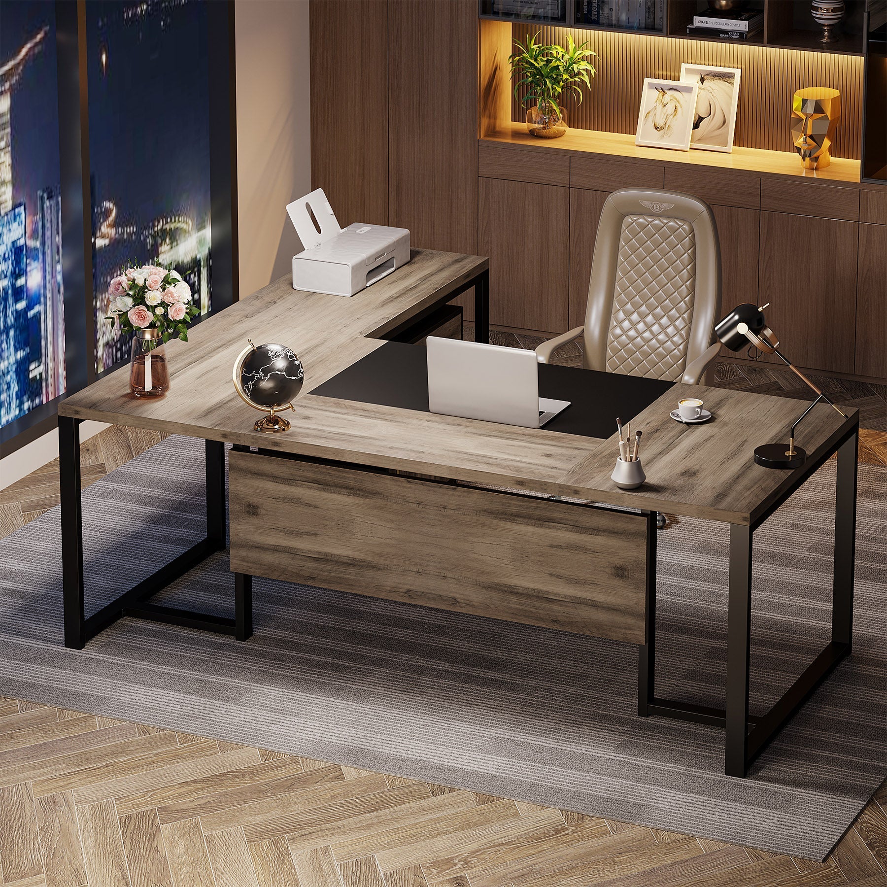 70.8" L - Shaped Desk, Large Executive Desk with Mobile File Cabinet Tribesigns