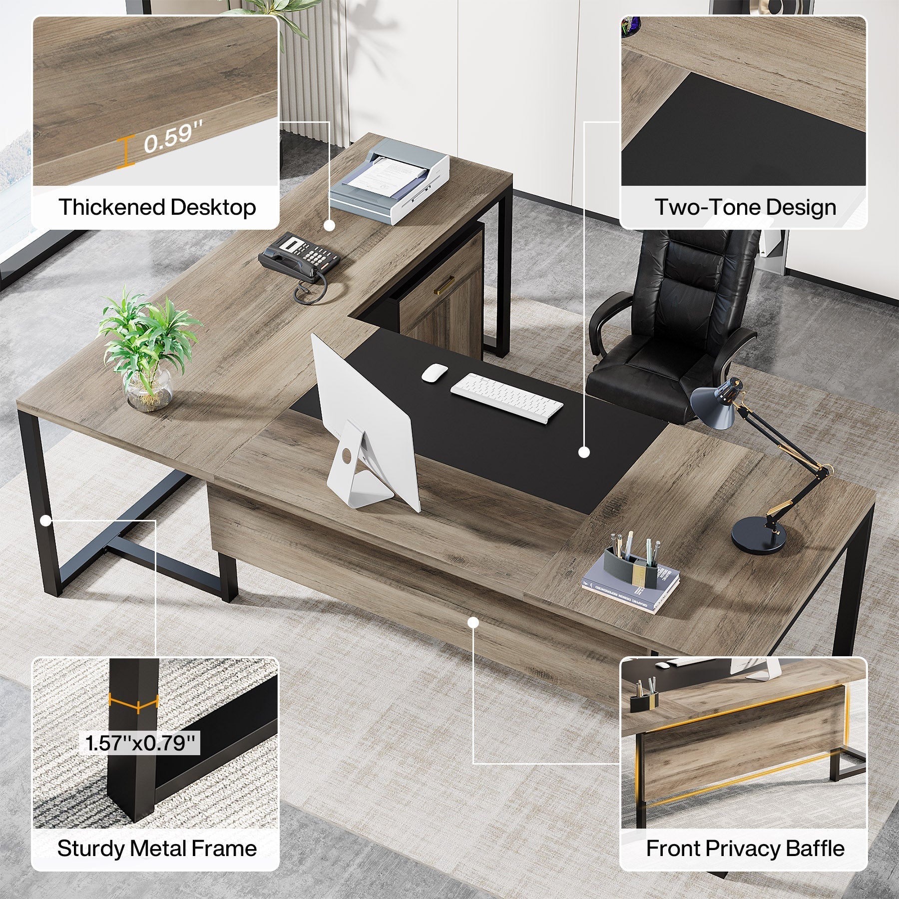 70.8" L - Shaped Desk, Large Executive Desk with Mobile File Cabinet Tribesigns