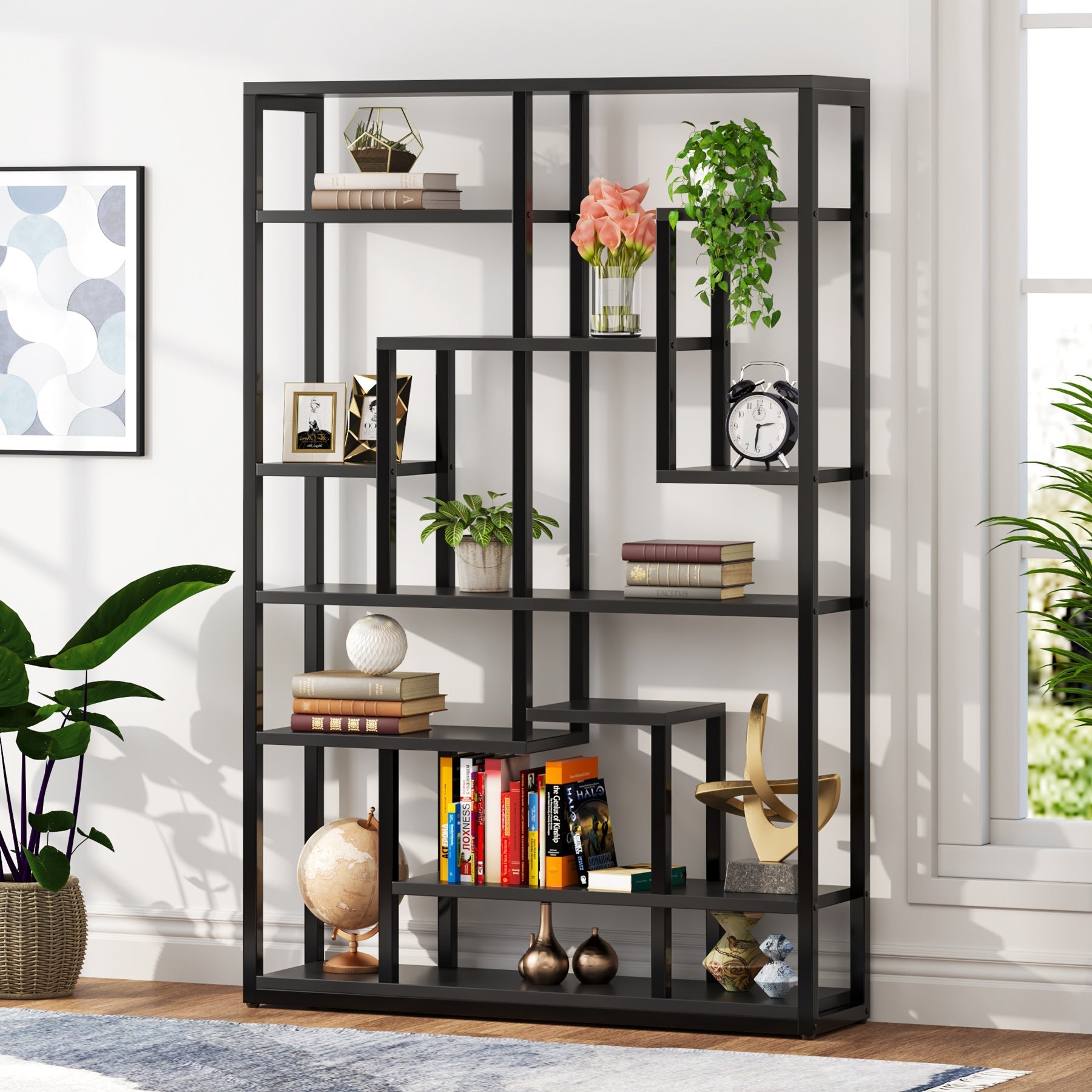 70.87" Bookshelf, Black Standing Shelf Bookcase Storage Rack Tribesigns