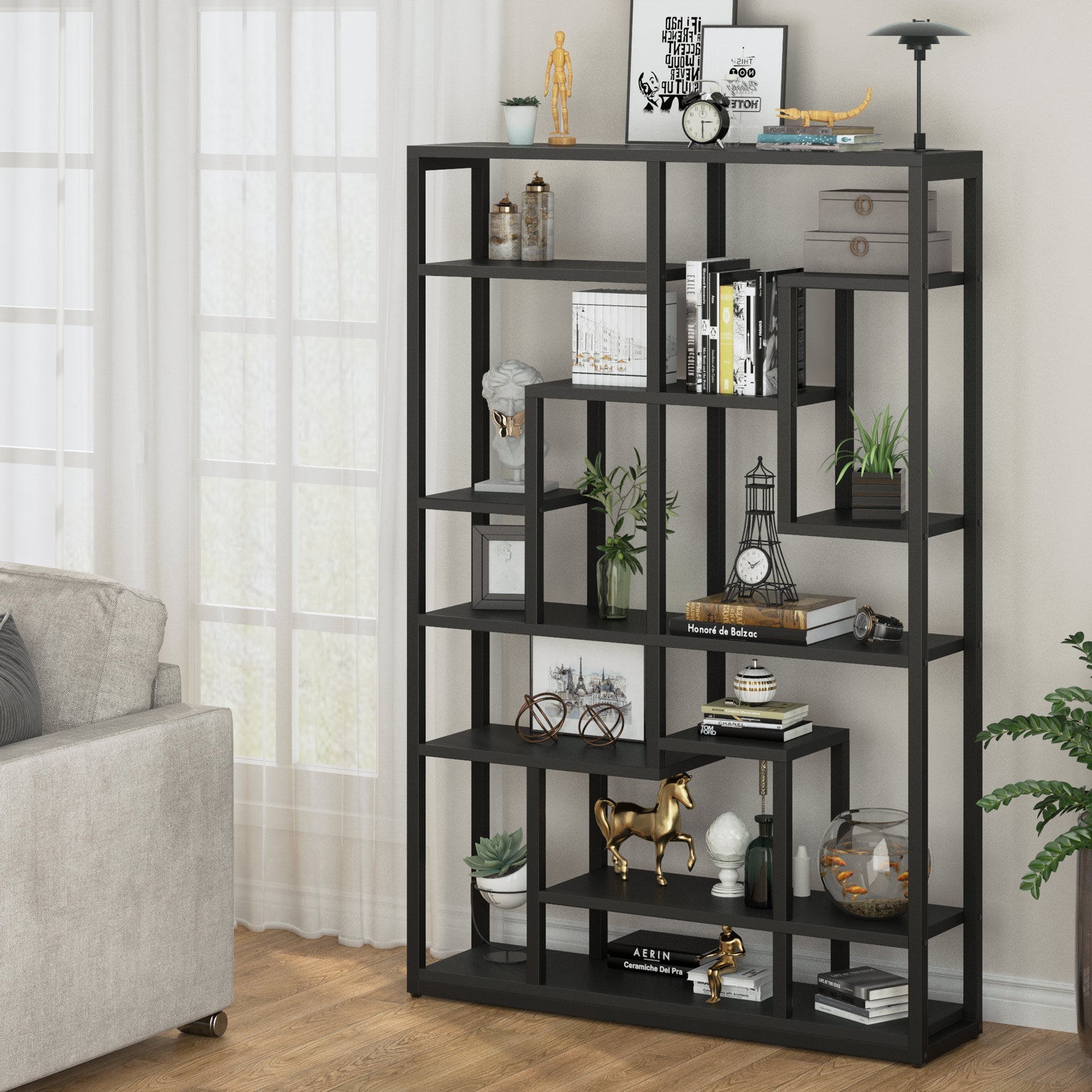 70.87" Bookshelf, Black Standing Shelf Bookcase Storage Rack Tribesigns