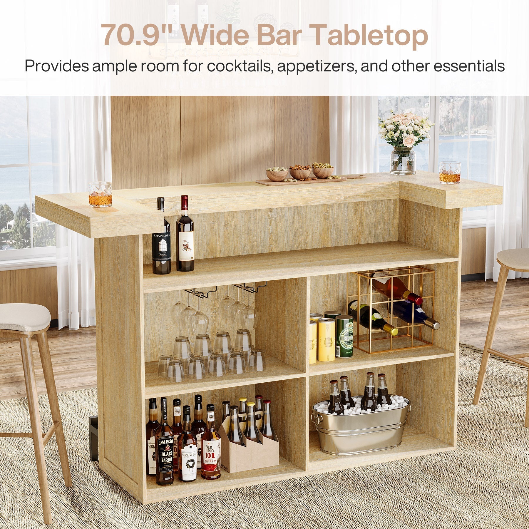 70.9" Bar Table, Modern Liquor Cabinet with 4 - Tier Storage Shelves Tribesigns