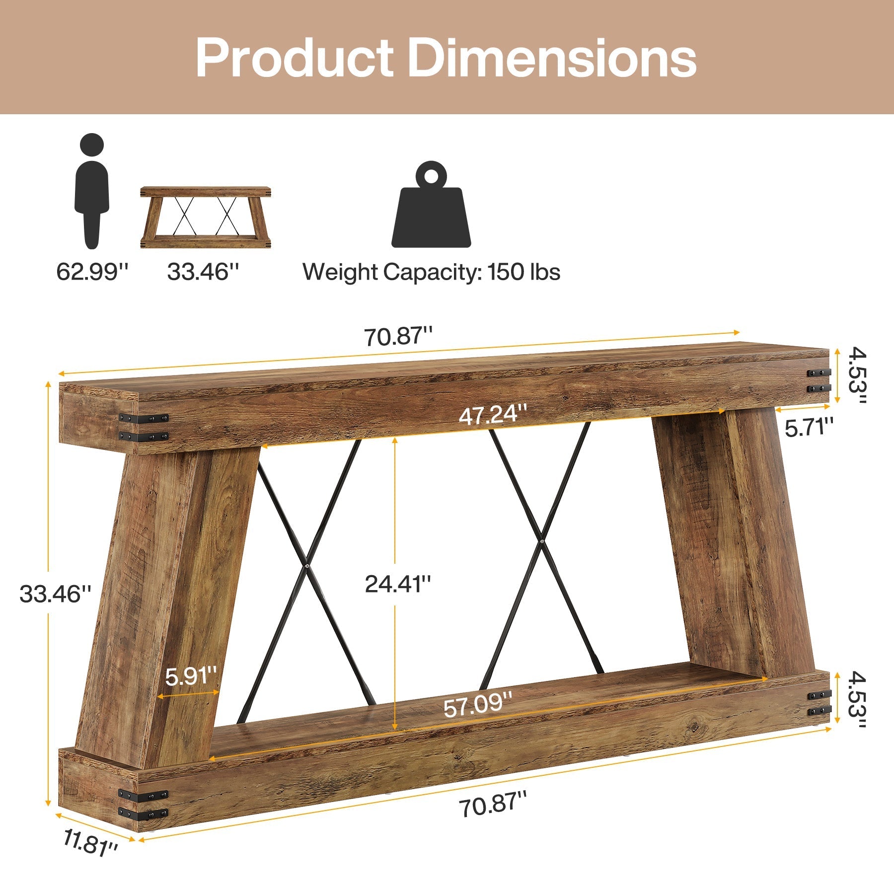 70.9" Console Table, Farmhouse Sofa Entryway Table with Sturdy Base Tribesigns