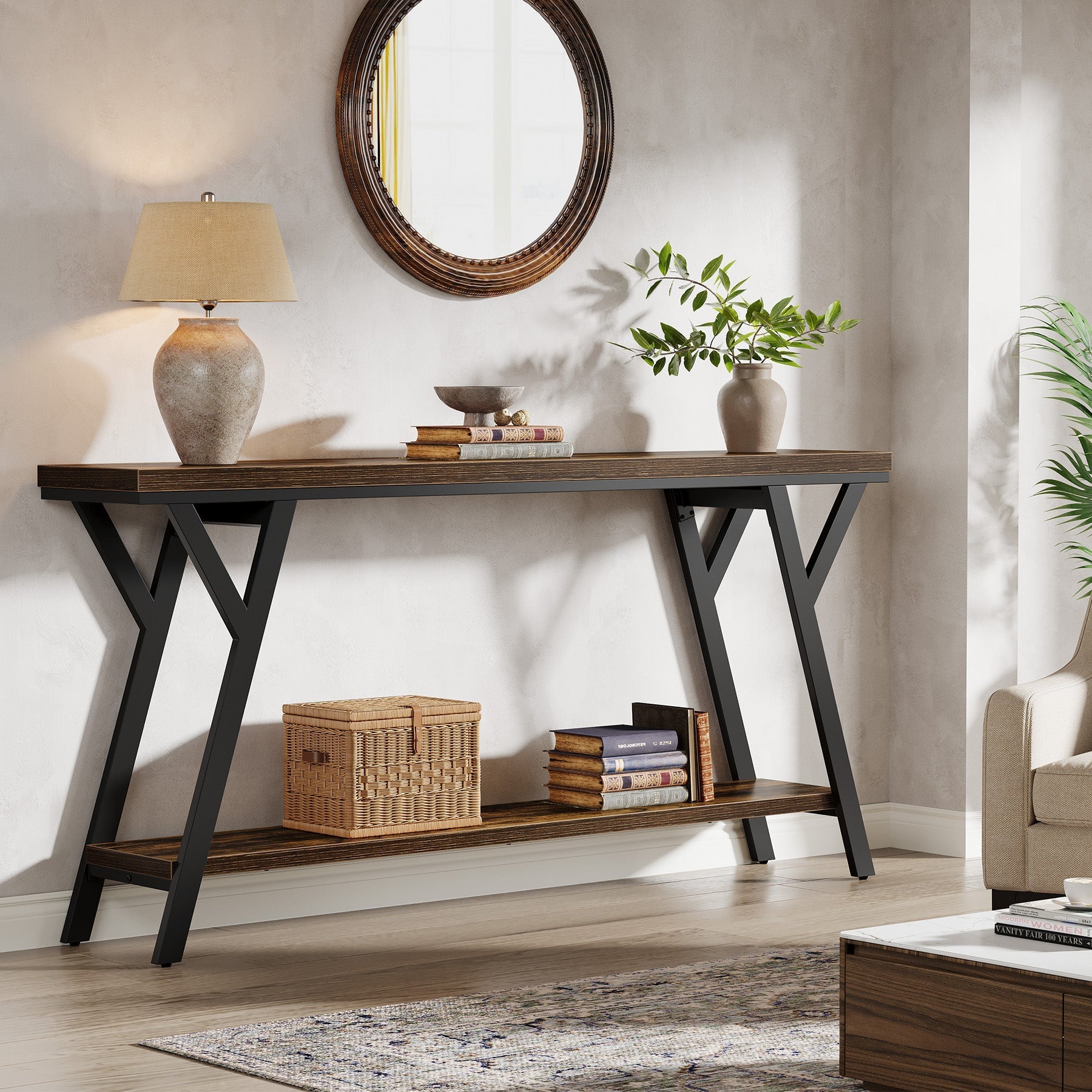 70.9" Console Table, Industrial Sofa Table Behind Couch with 2 - Tier Storage Shelf Tribesigns