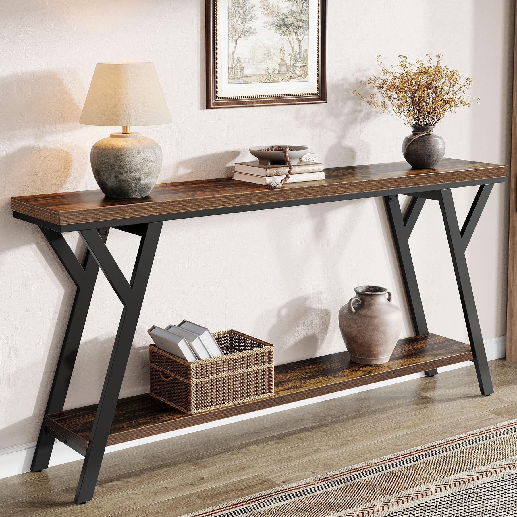 70.9" Console Table, Industrial Sofa Table Behind Couch with 2 - Tier Storage Shelf Tribesigns