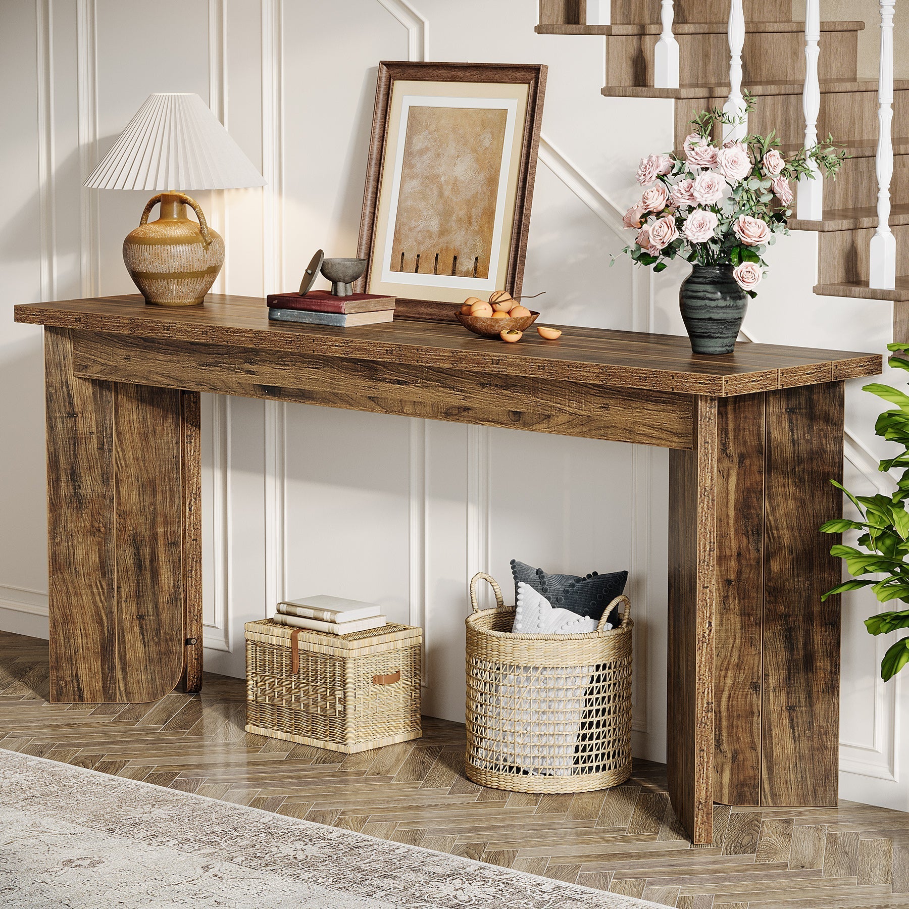70.9" Console Table, Wood Sofa Table Hallway Table with Double Pedestal Tribesigns