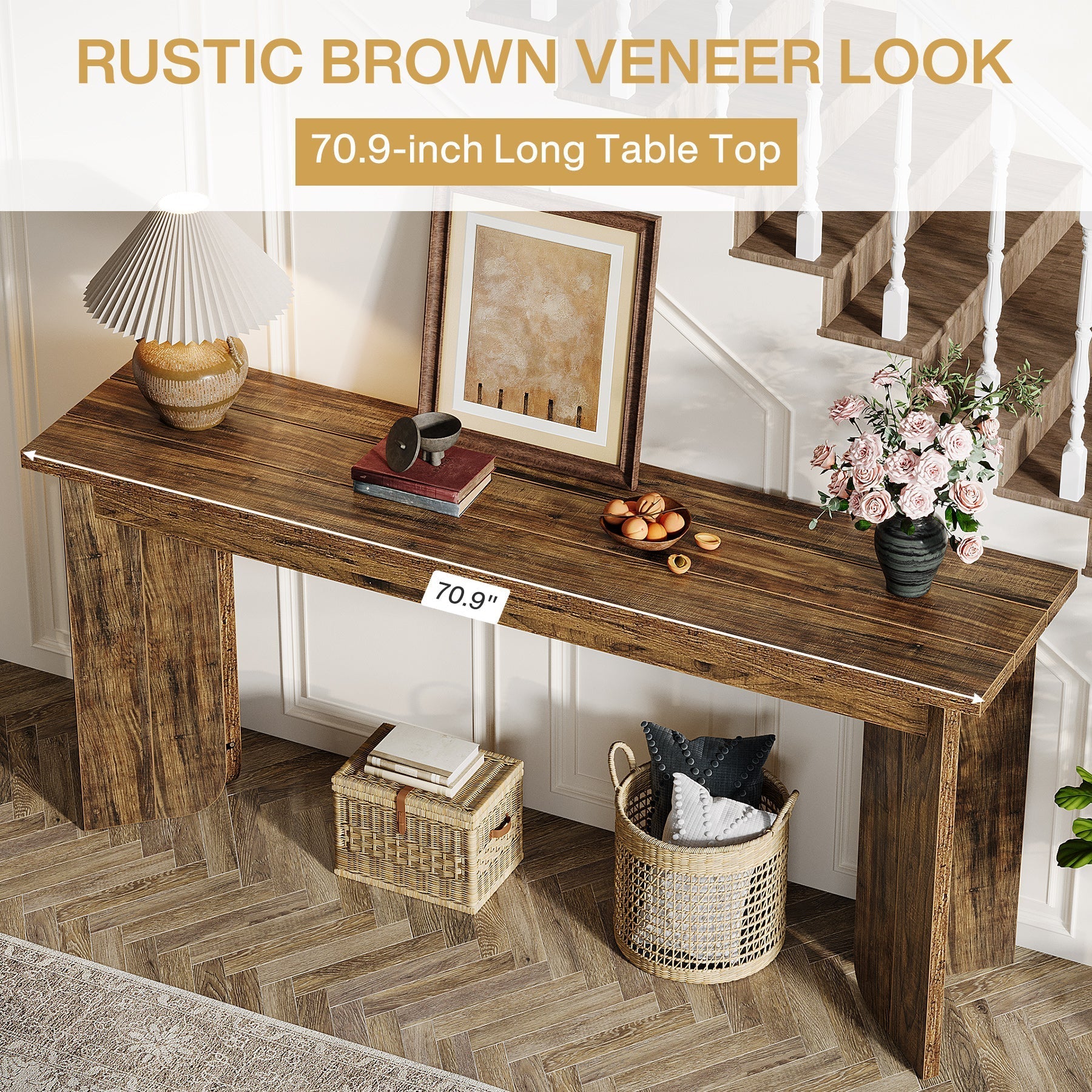 70.9" Console Table, Wood Sofa Table Hallway Table with Double Pedestal Tribesigns