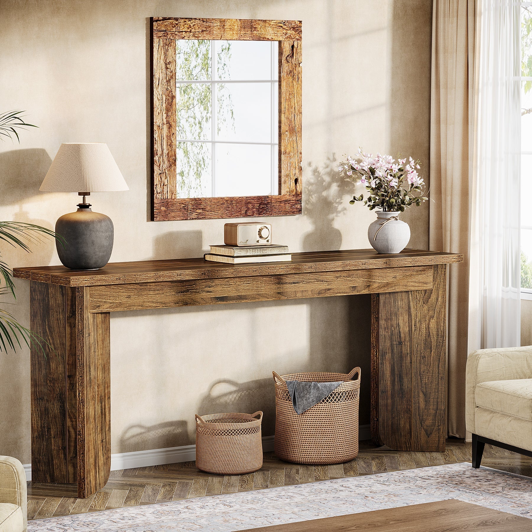 70.9" Console Table, Wood Sofa Table Hallway Table with Double Pedestal Tribesigns