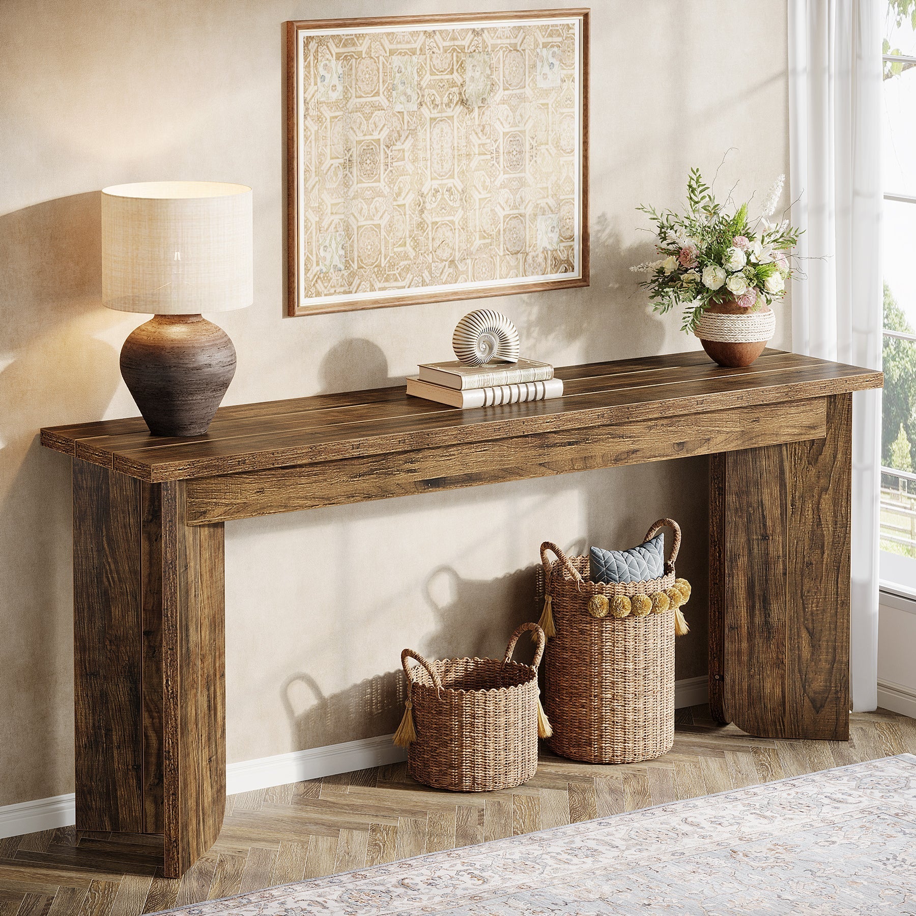 70.9" Console Table, Wood Sofa Table Hallway Table with Double Pedestal Tribesigns