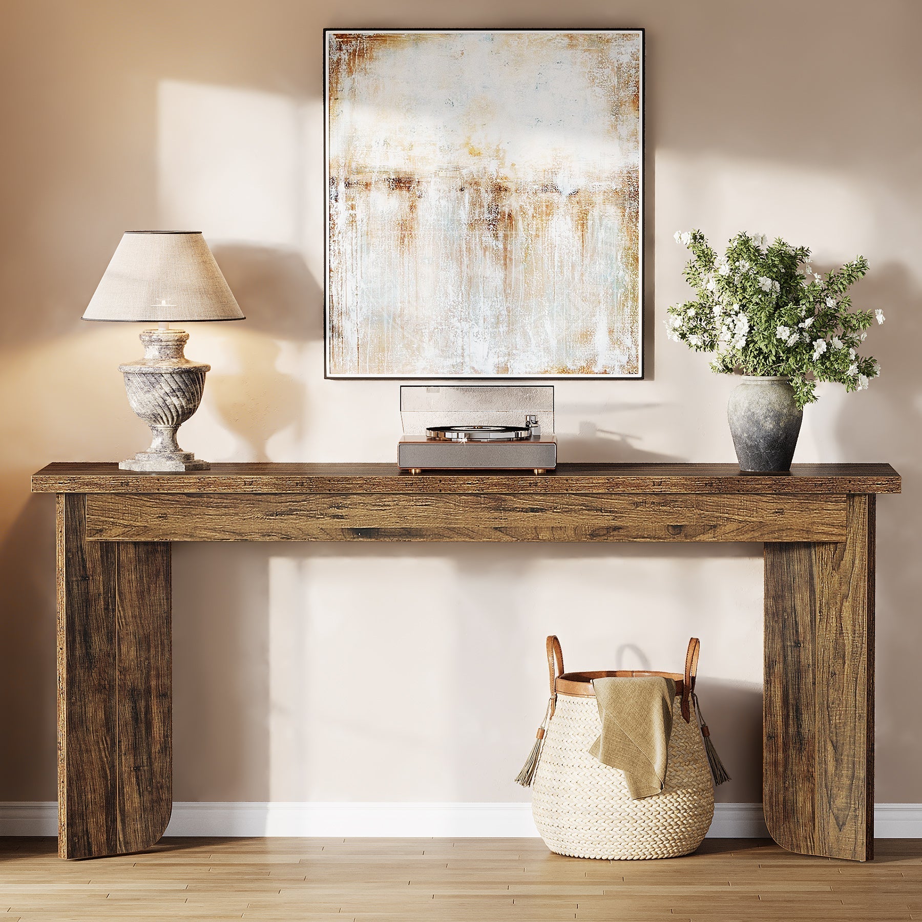70.9" Console Table, Wood Sofa Table Hallway Table with Double Pedestal Tribesigns