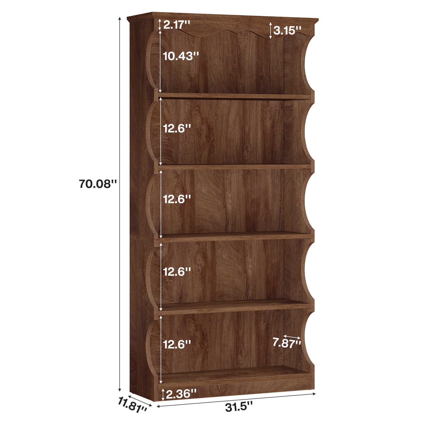 70" Vintage Bookcase, 5-Tier Bookshelf Display Shelves with Unique Curved-Edge Design