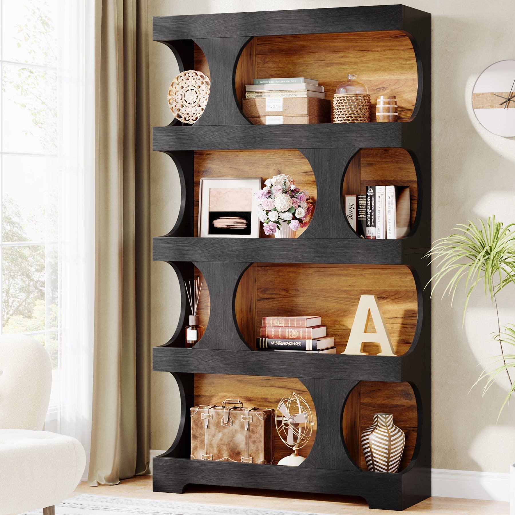 71" Bookshelf, 4 - Tier S - Shaped Bookcase Freestanding Display Shelves Tribesigns
