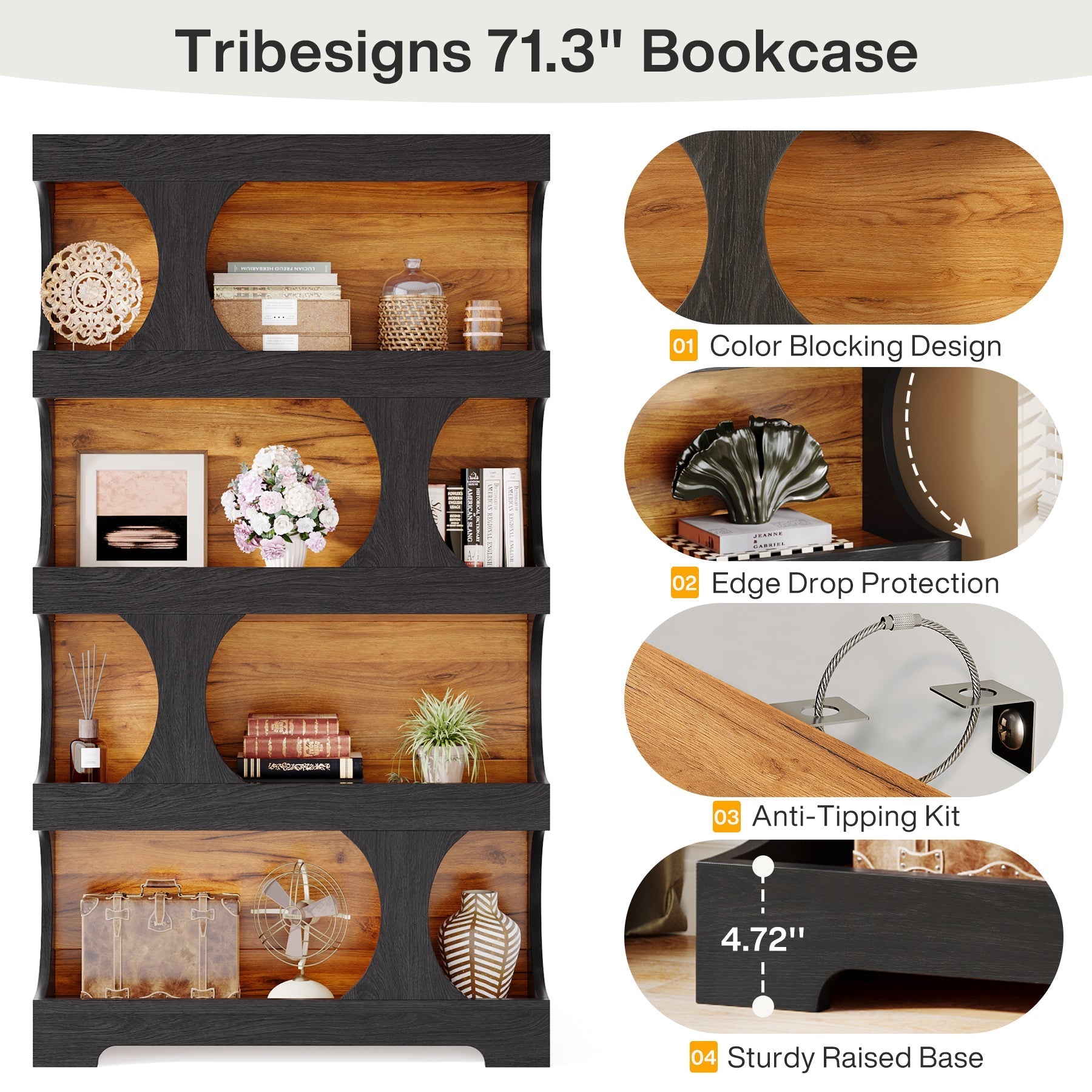 71" Bookshelf, 4 - Tier S - Shaped Bookcase Freestanding Display Shelves Tribesigns
