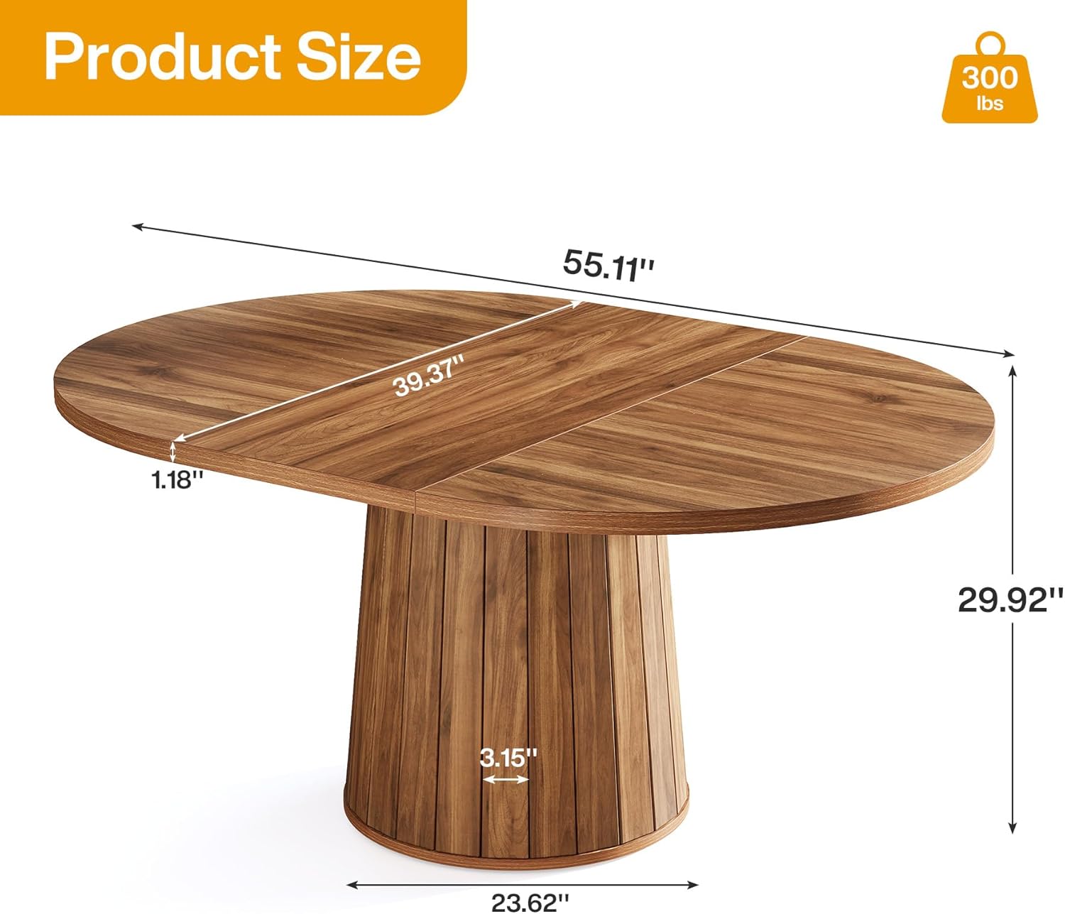 55" Dining Table, Wood Oval Kitchen Dinner Table