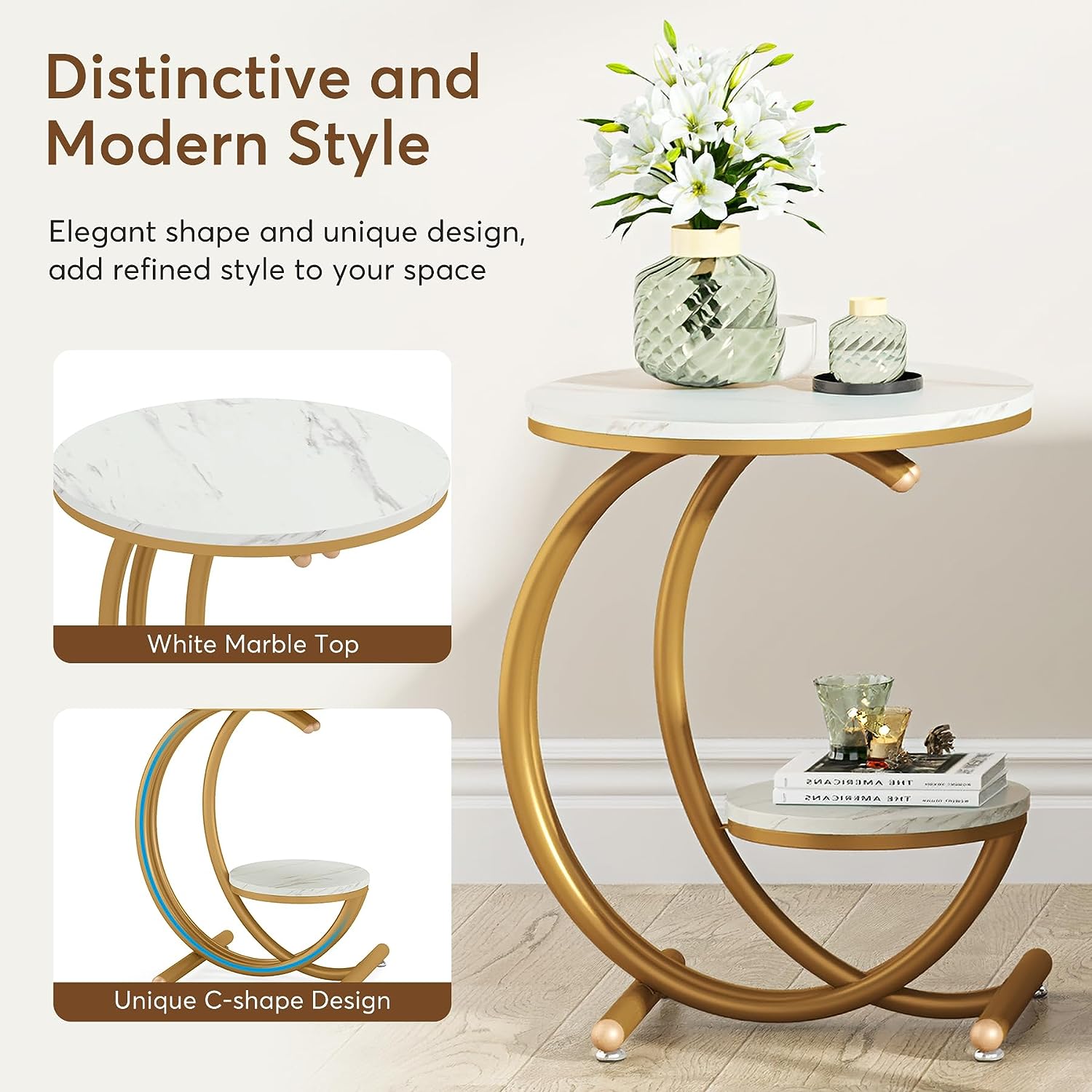 End Table, 2-Tier Faux Marble Side Table with C-Shaped Frame Tribesigns