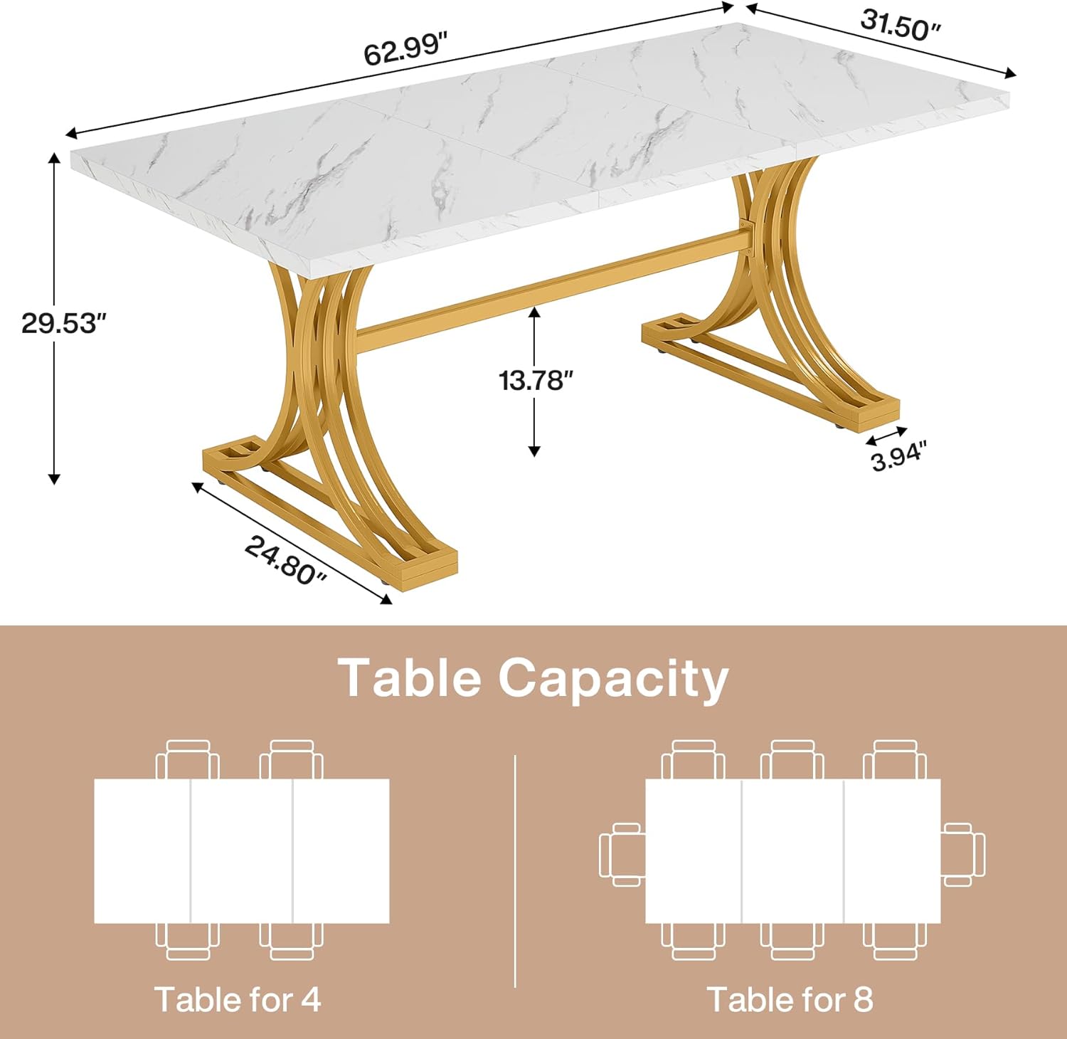 63" Modern Dining Table with Faux Marble Tabletop & Metal Legs