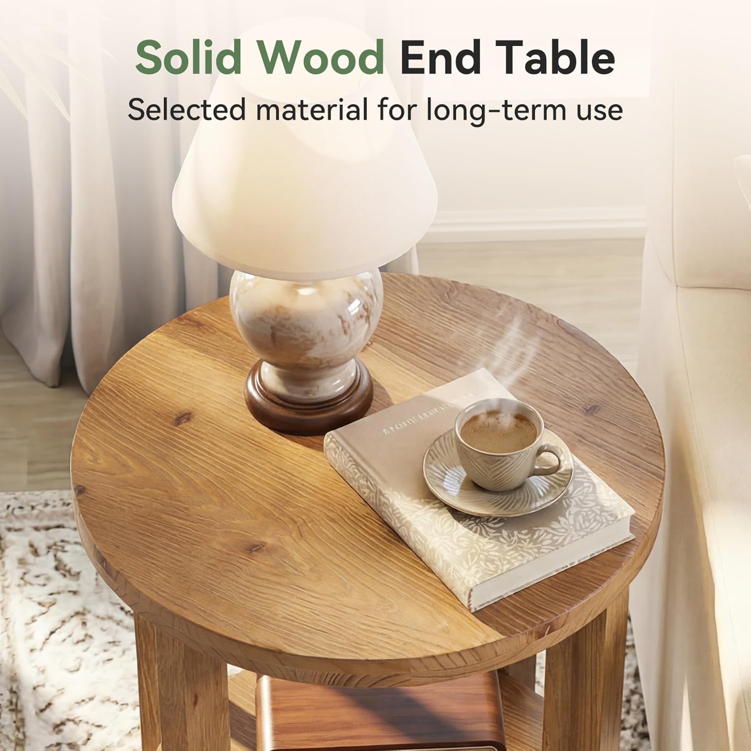 Solid Wood  Round End Table, 2-Tier Accent Side Table for Small Spaces