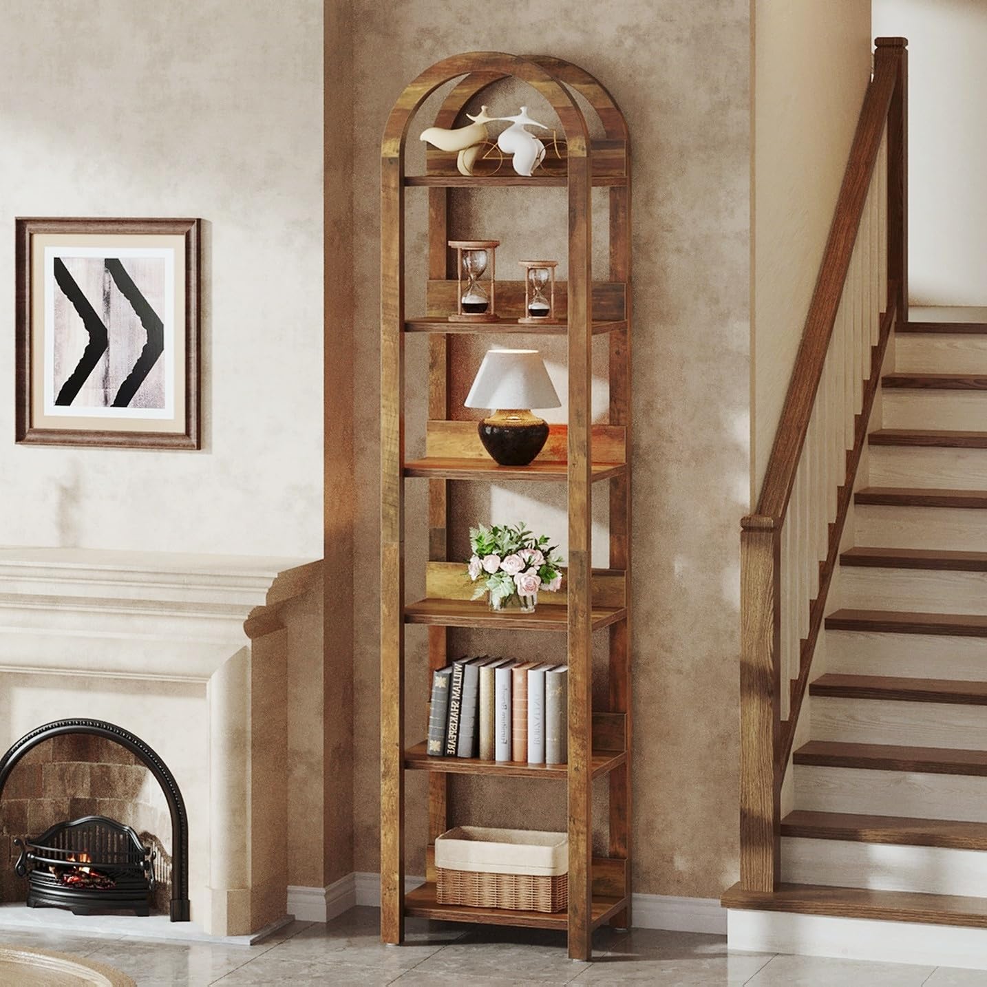 71" Tall and Narrow Bookshelf, 6-Tier Arched Bookcase Open Storage Rack