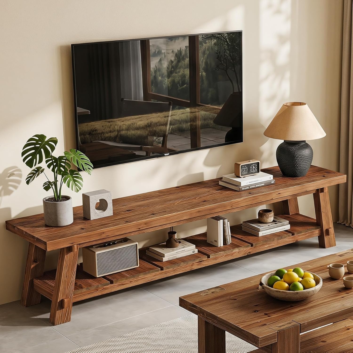 71" Extra Long TV Stand, Solid Wood Entertainment Center with Open Storage Shelves for TVs up to 85"