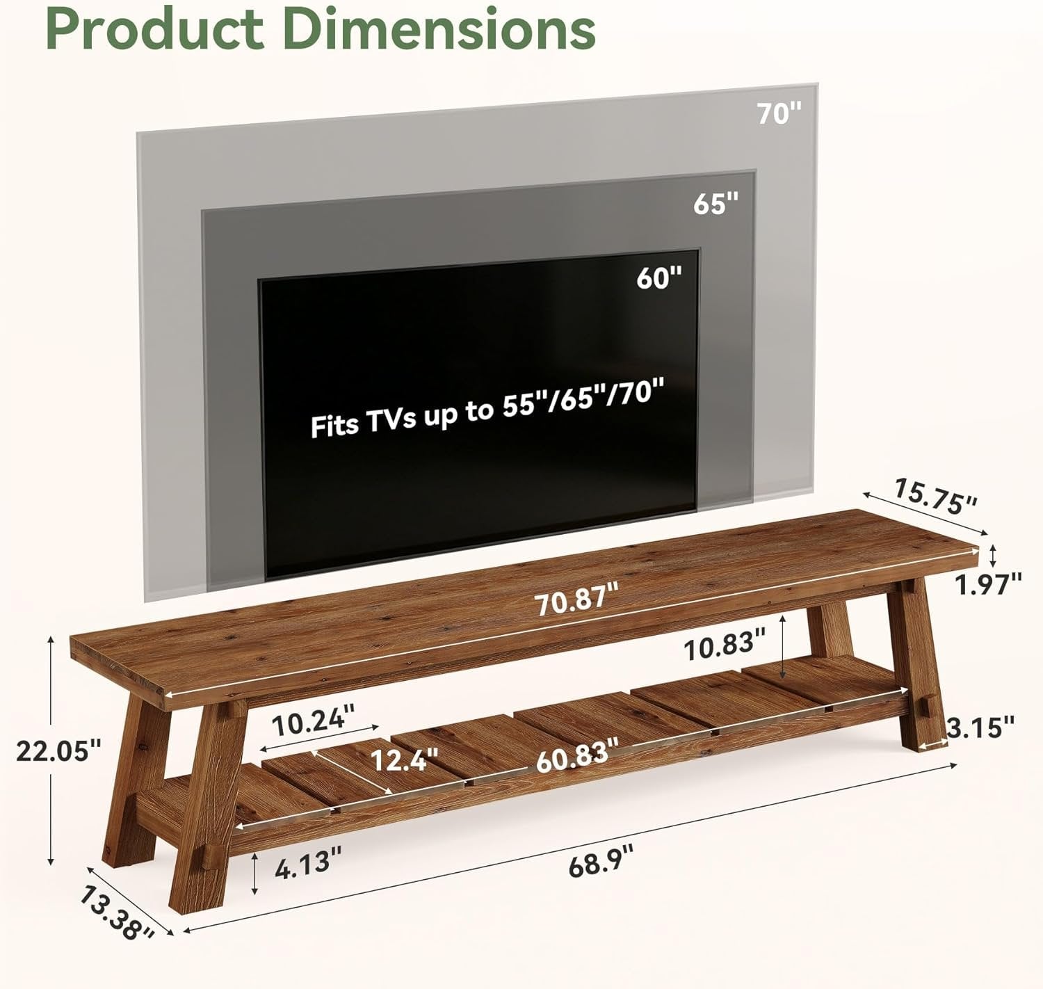 71" Extra Long TV Stand, Solid Wood Entertainment Center with Open Storage Shelves for TVs up to 85"