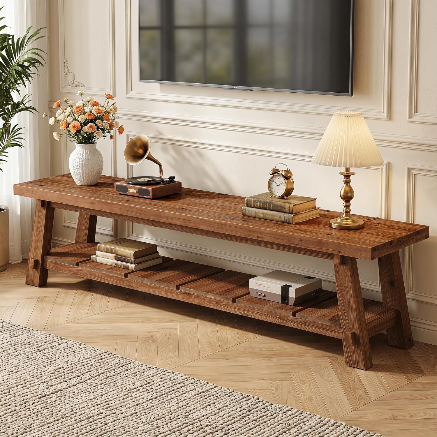 71" Extra Long TV Stand, Solid Wood Entertainment Center with Open Storage Shelves for TVs up to 85"