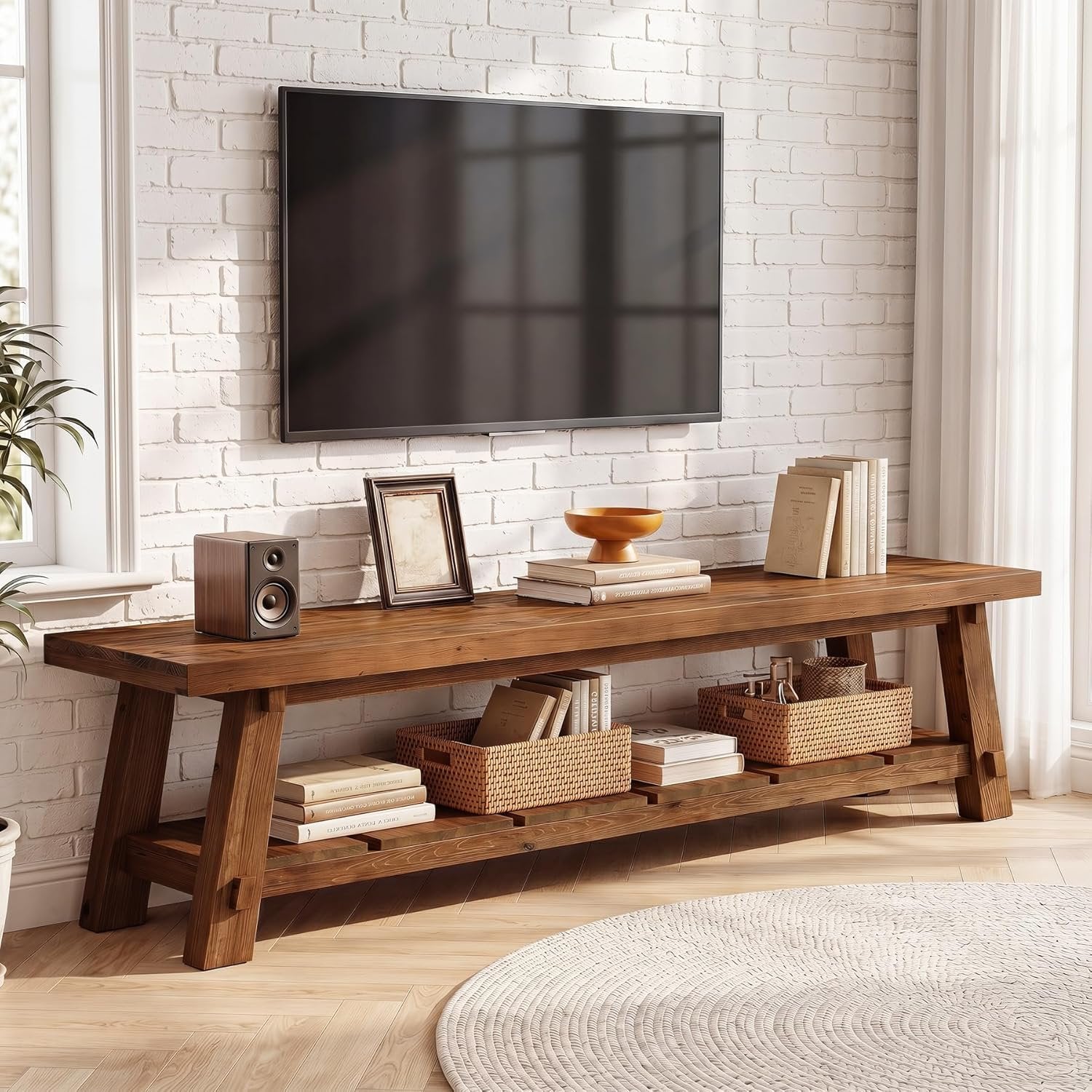 71" Extra Long TV Stand, Solid Wood Entertainment Center with Open Storage Shelves for TVs up to 85"