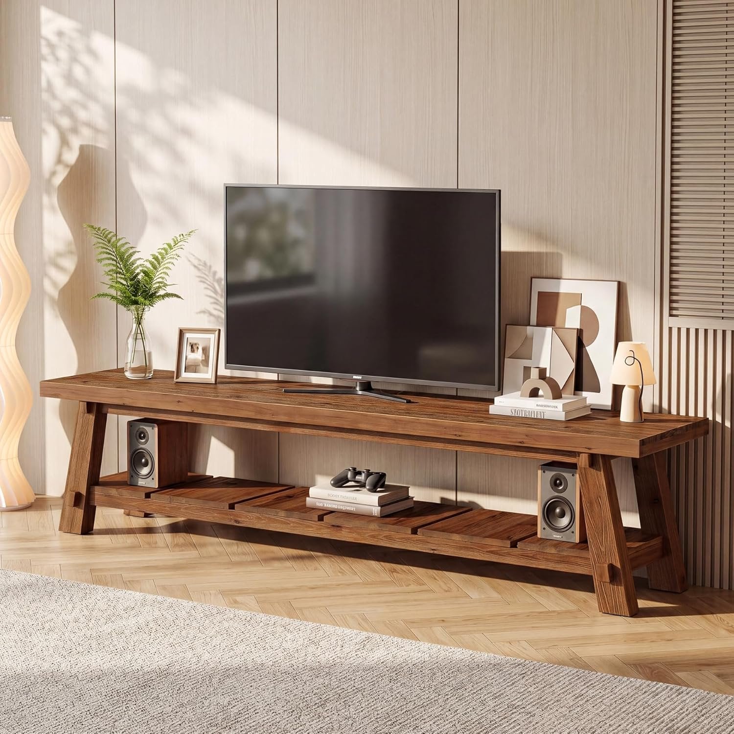 71" Extra Long TV Stand, Solid Wood Entertainment Center with Open Storage Shelves for TVs up to 85"