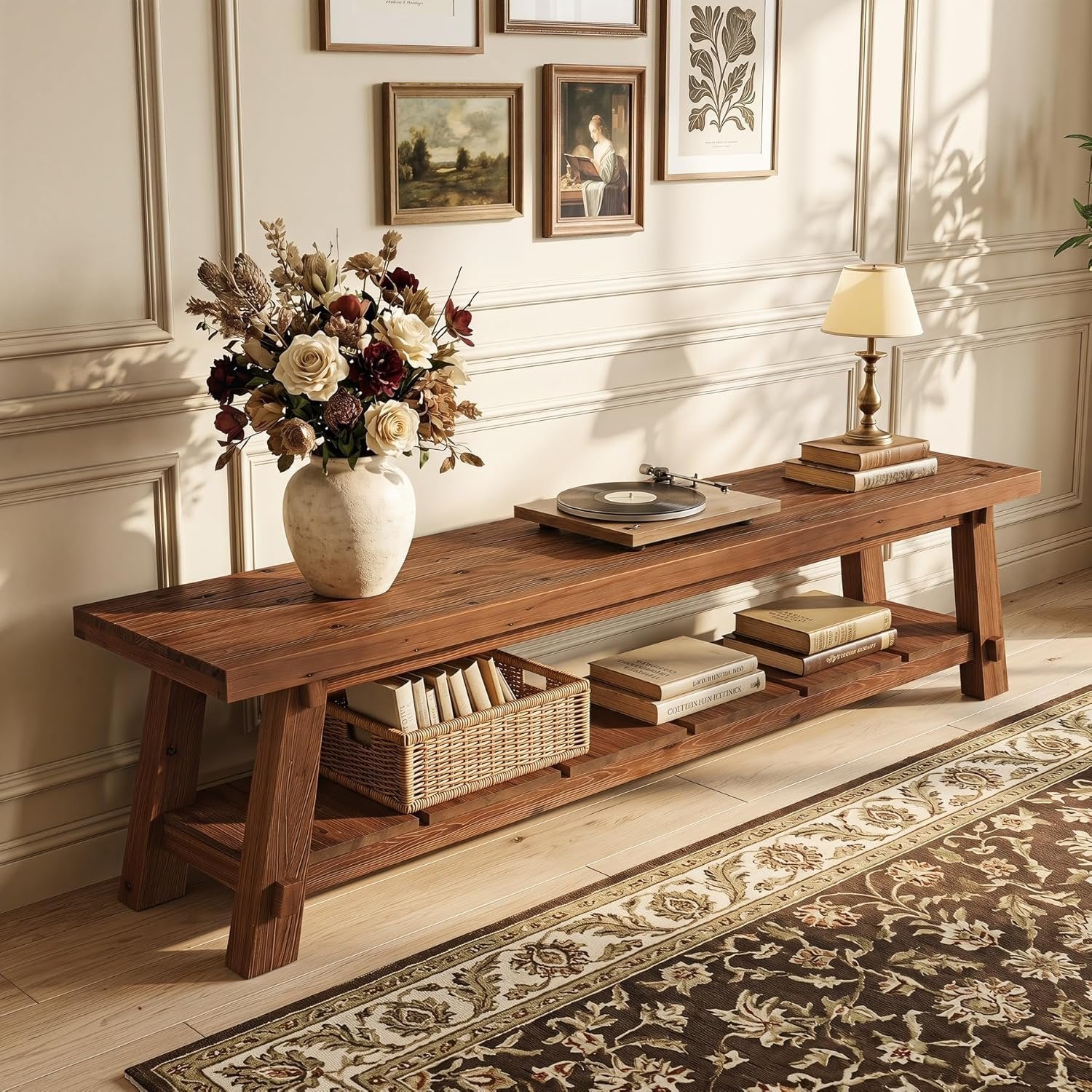 71" Extra Long TV Stand, Solid Wood Entertainment Center with Open Storage Shelves for TVs up to 85"