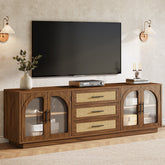 71" Mid-Century Modern TV Stand, Media Console Table with 2 Cabinets & 3 Rattan Drawers 3