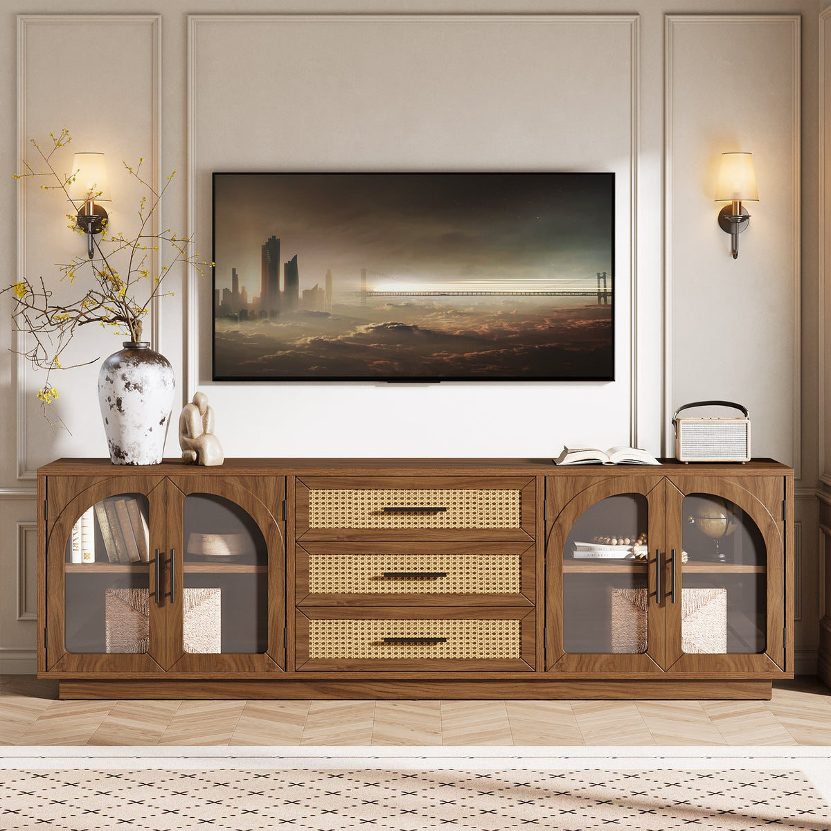 71" Mid-Century Modern TV Stand, Media Console Table with 2 Cabinets & 3 Rattan Drawers