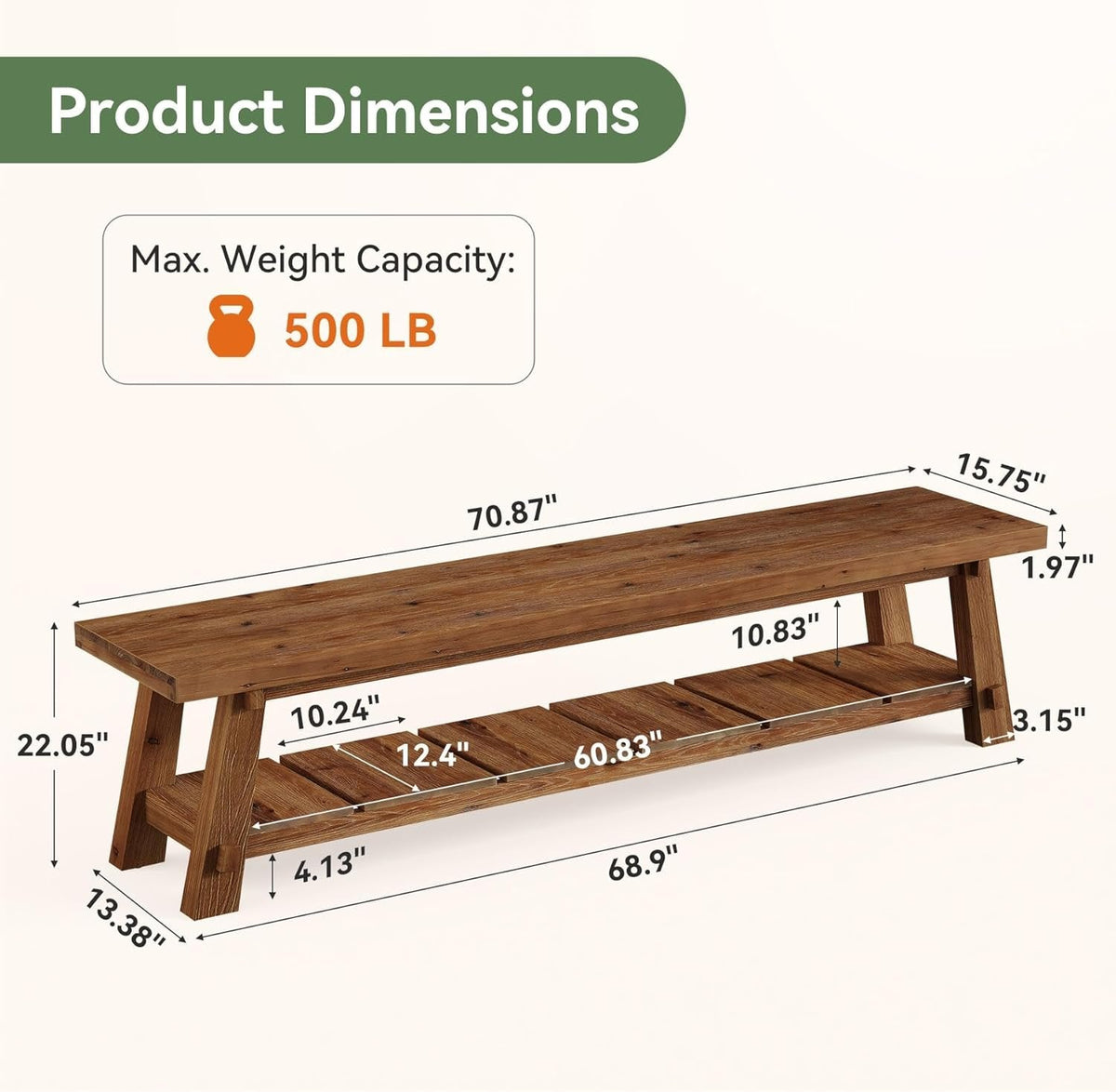71" Solid Wood Entryway Bench, Rustic Extra Long Hallway Seating with Shoe Storage for Living Room and Bedroom