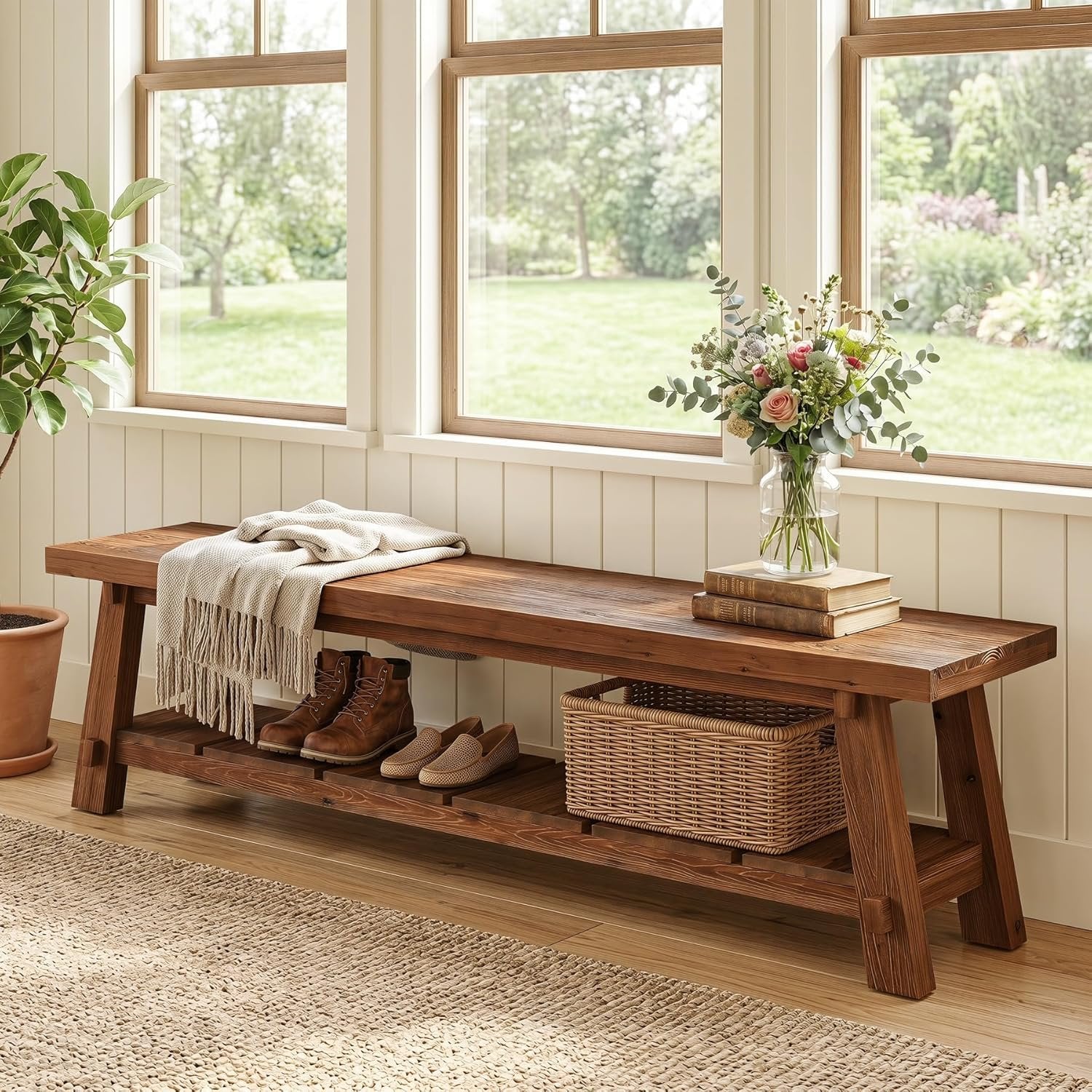 71" Solid Wood Entryway Bench, Rustic Extra Long Hallway Seating with Shoe Storage for Living Room and Bedroom