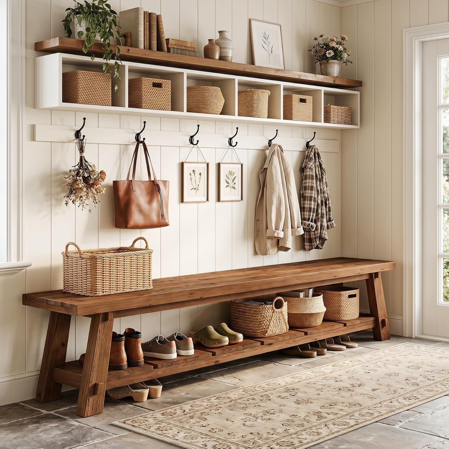 71" Solid Wood Entryway Bench, Rustic Extra Long Hallway Seating with Shoe Storage for Living Room and Bedroom
