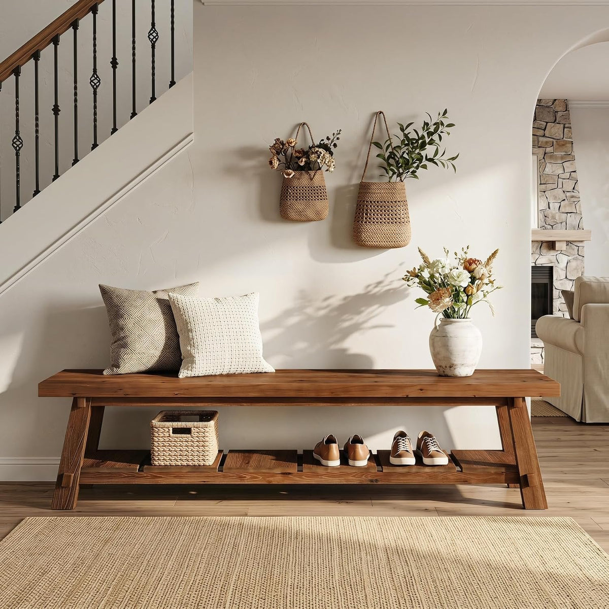 71" Solid Wood Entryway Bench, Rustic Extra Long Hallway Seating with Shoe Storage for Living Room and Bedroom