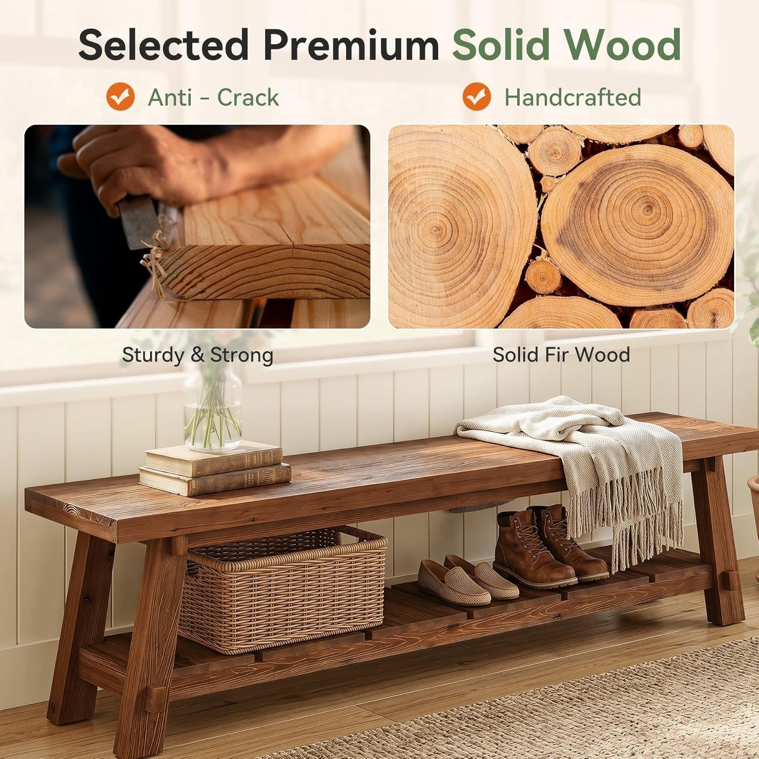 71" Solid Wood Entryway Bench, Rustic Extra Long Hallway Seating with Shoe Storage for Living Room and Bedroom
