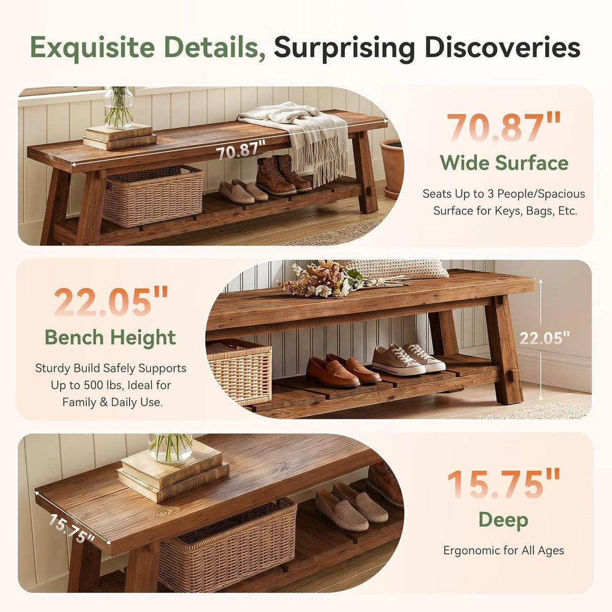 71" Solid Wood Entryway Bench, Rustic Extra Long Hallway Seating with Shoe Storage for Living Room and Bedroom