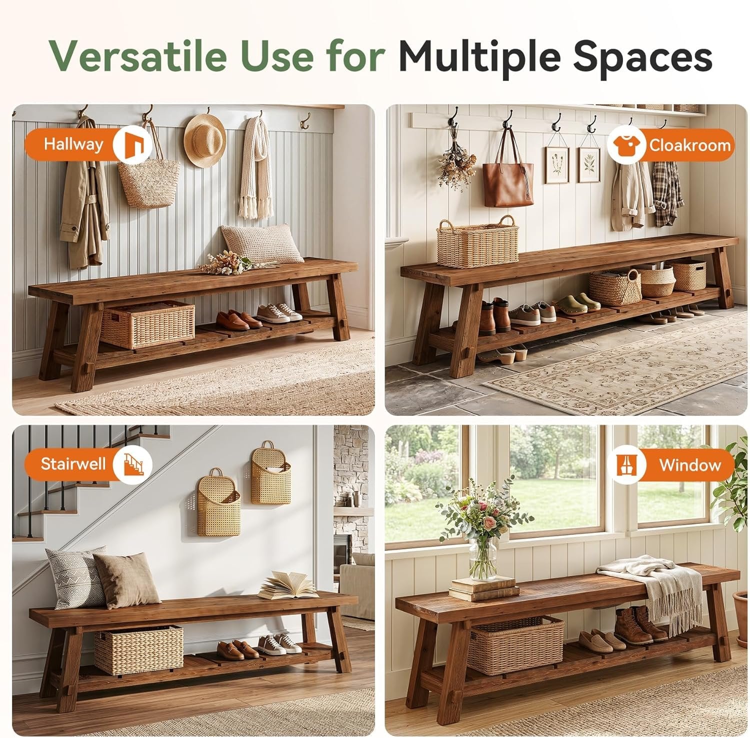 71" Solid Wood Entryway Bench, Rustic Extra Long Hallway Seating with Shoe Storage for Living Room and Bedroom