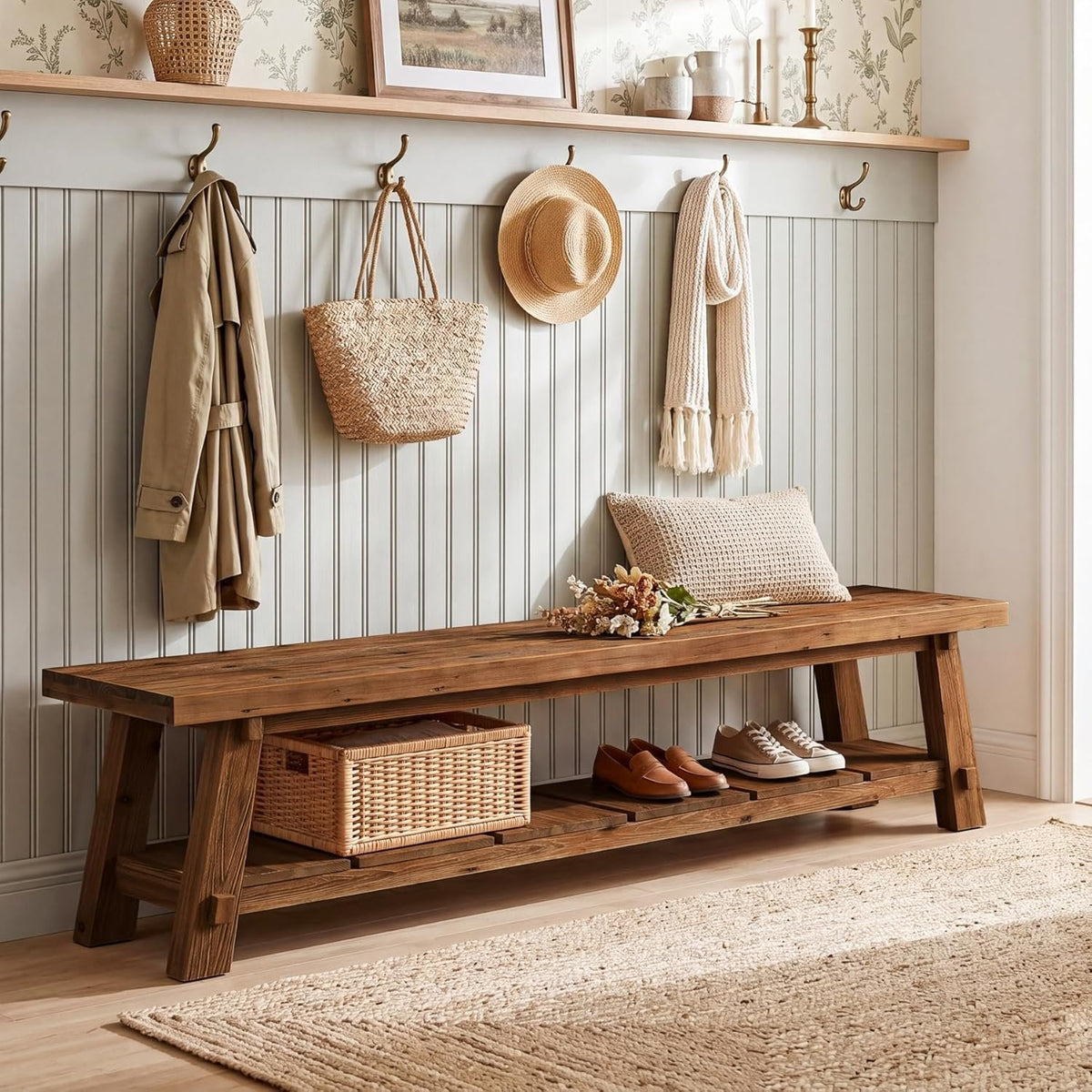 71" Solid Wood Entryway Bench, Rustic Extra Long Hallway Seating with Shoe Storage for Living Room and Bedroom