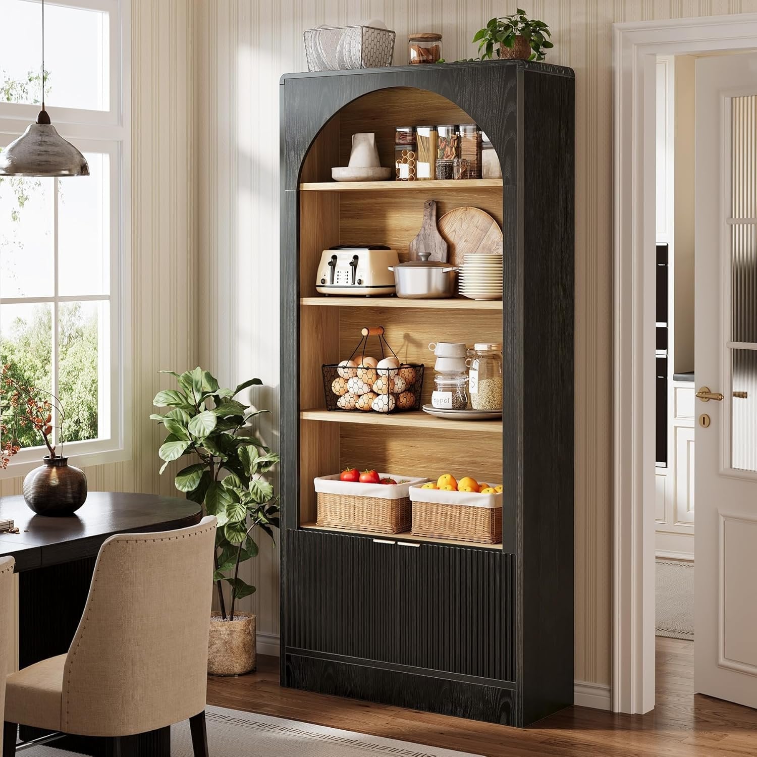 71" Tall Bookcase, 5-Tier Arched Bookshelf with Storage Cabinet and Fluted Doors