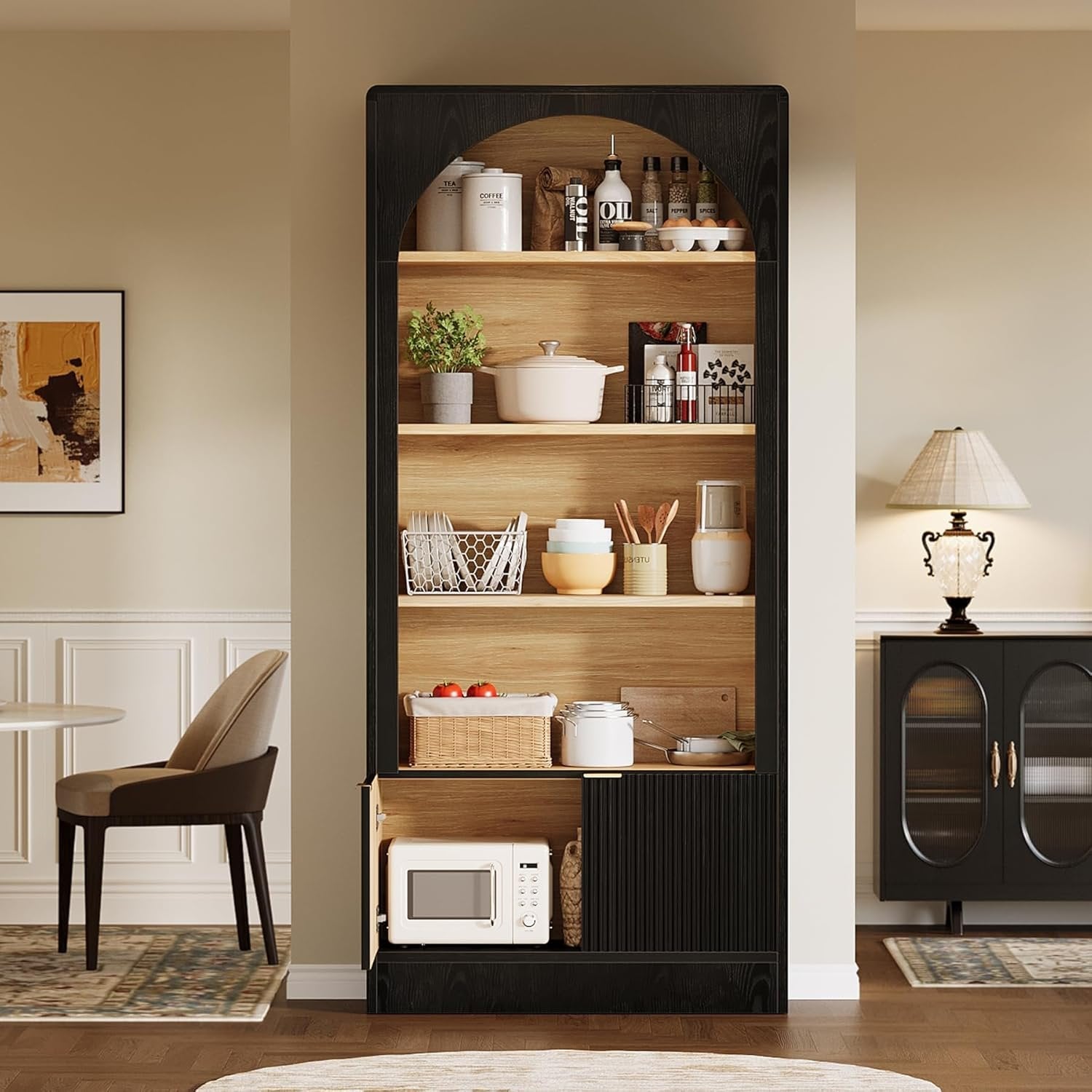 71" Tall Bookcase, 5-Tier Arched Bookshelf with Storage Cabinet and Fluted Doors