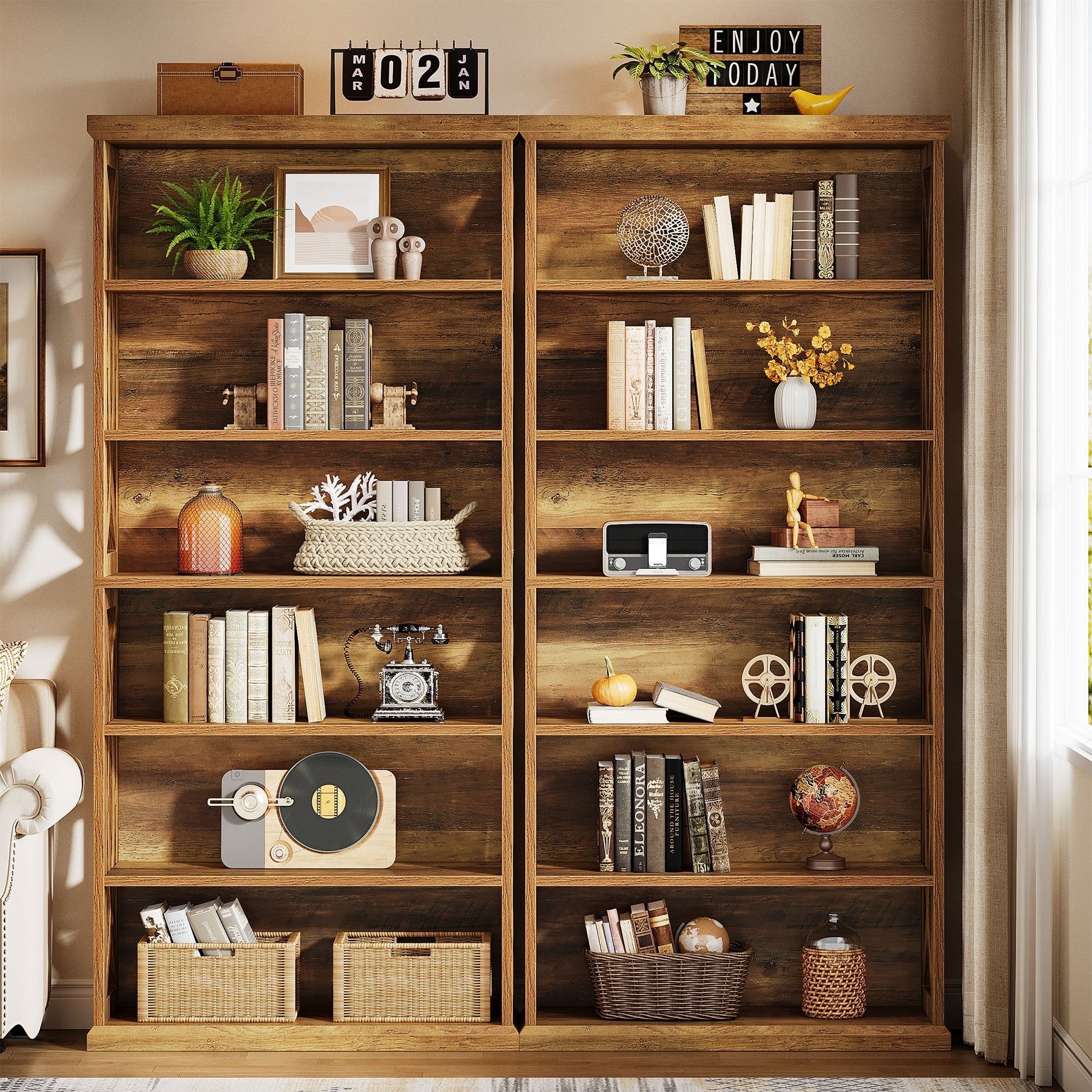 71" Wooden Bookshelf, 6-Tier Freestanding Bookcase Display Shelves