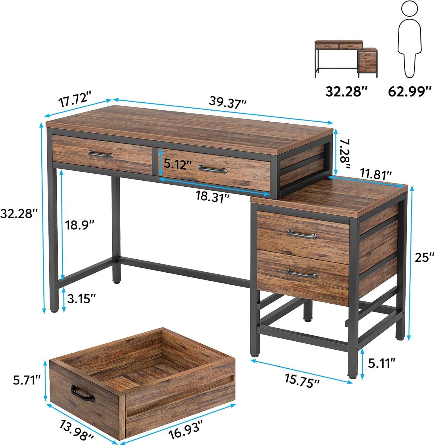 5-Drawer Computer Desk, Study Writing Table with Reversible Drawer Cabinet
